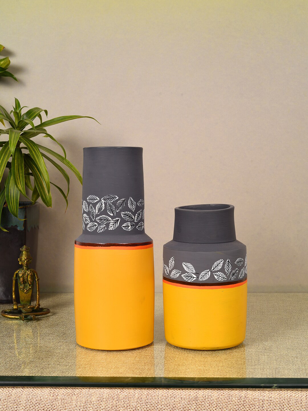 AAKRITI ART CREATIONS Bluebell Fields Grey & Yellow 2 Pieces Colorblocked Terracotta Vases