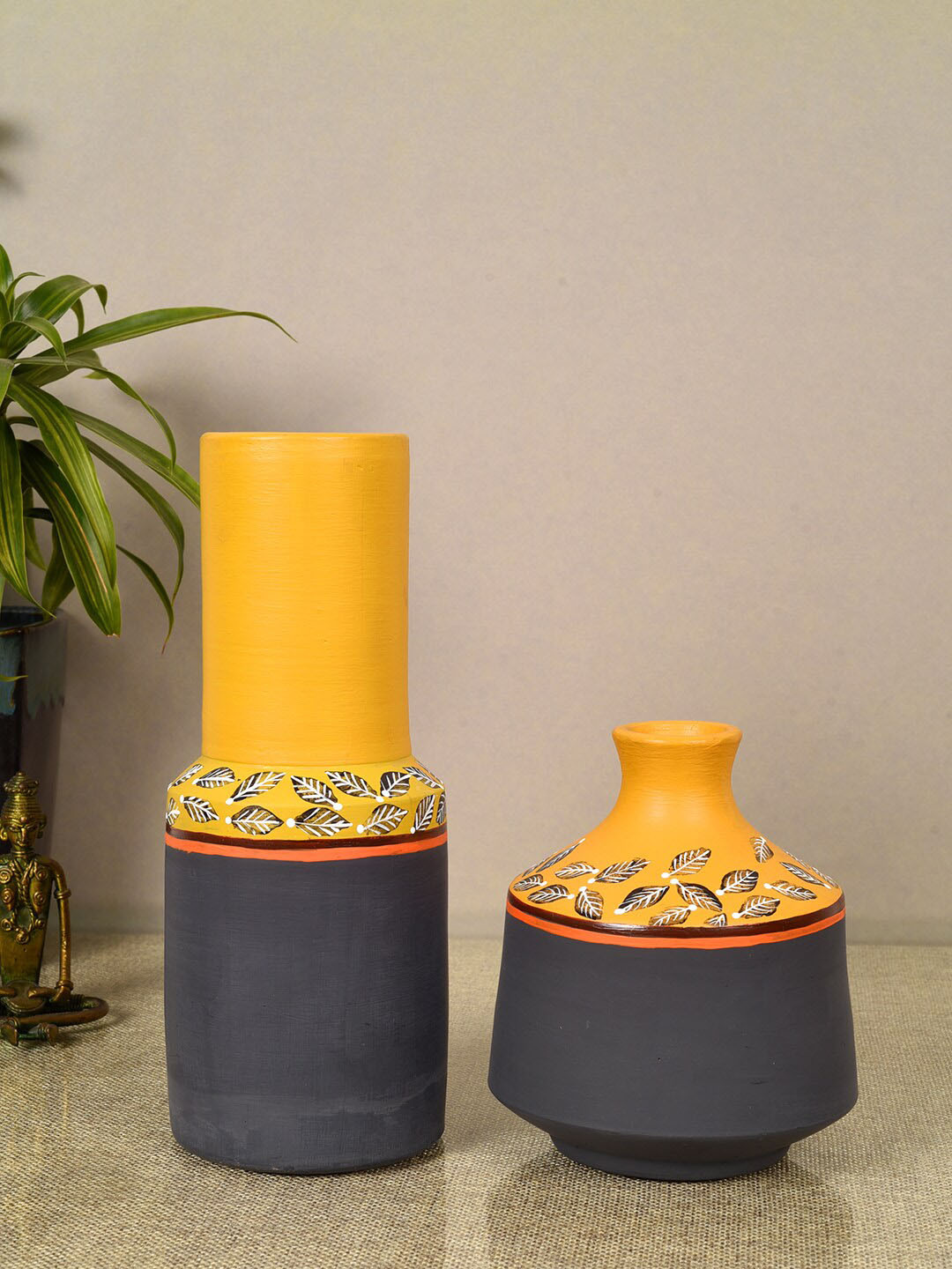 AAKRITI ART CREATIONS Midnight Sunflower Blue & Yellow 2 Pieces Printed Terracotta Vases