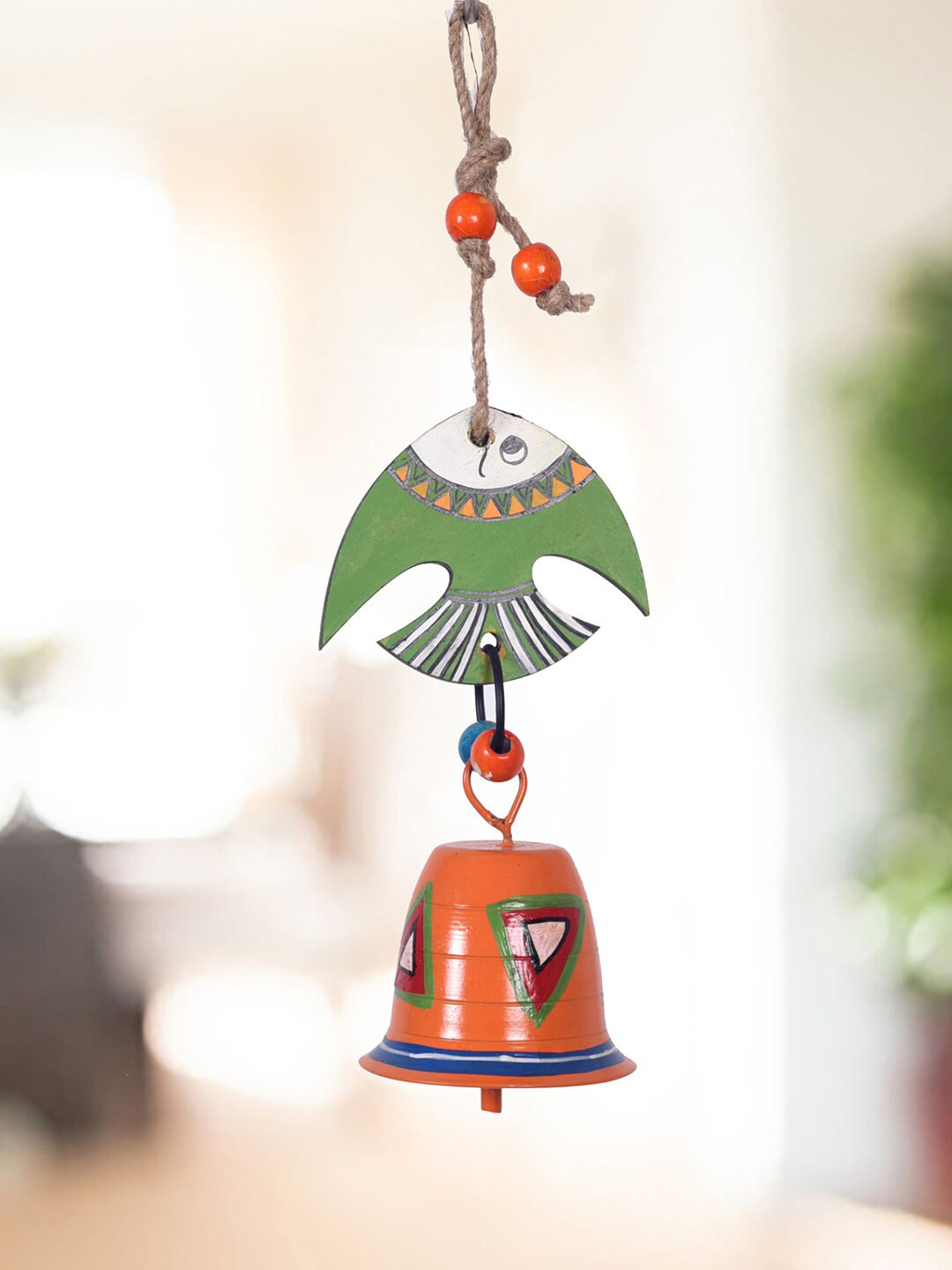 AAKRITI ART CREATIONS Orange Coloured & Green Fish And Bell Painted Windchimes