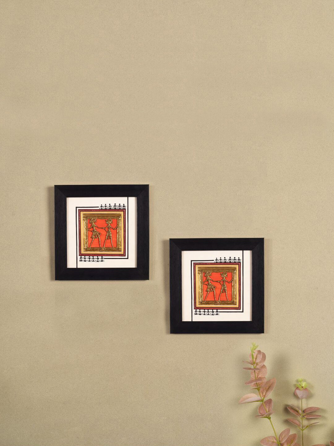 AAKRITI ART CREATIONS 2 Pcs Black & Pink Dhokra Warli Painting Framed Wall Art
