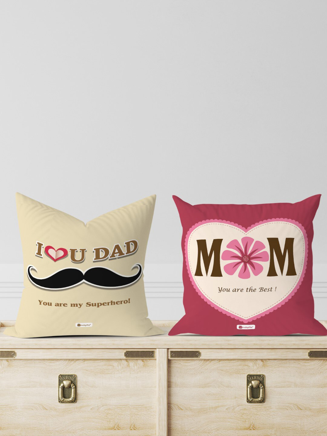Indigifts Beige & Pink 2 Pieces Best Mom Superhero Dad Printed Pre-Filled Cushions