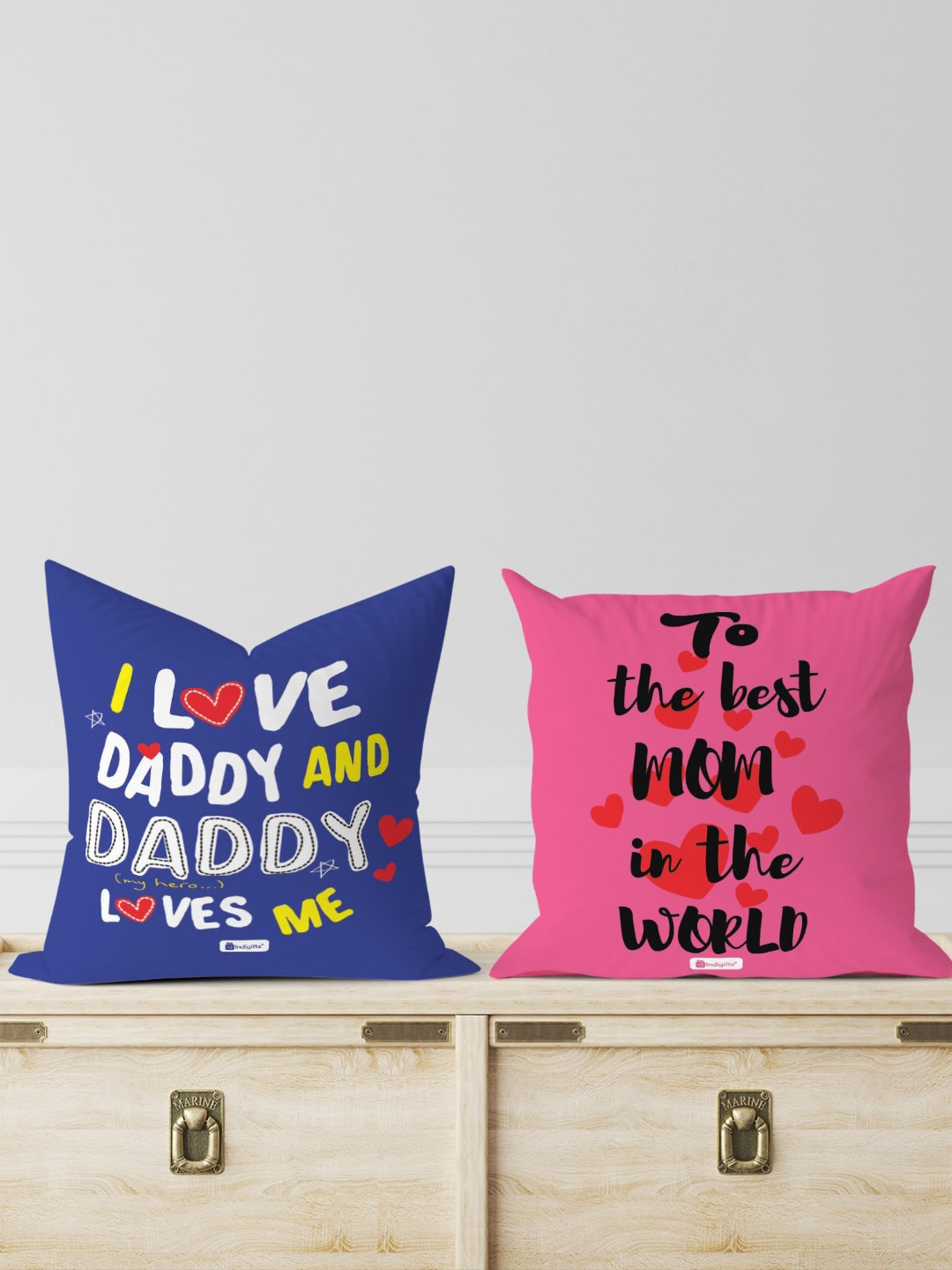 Indigifts Blue & Pink 2 Pcs To The Best Mom & Daddy I Love You Printed Pre-Filled Cushions