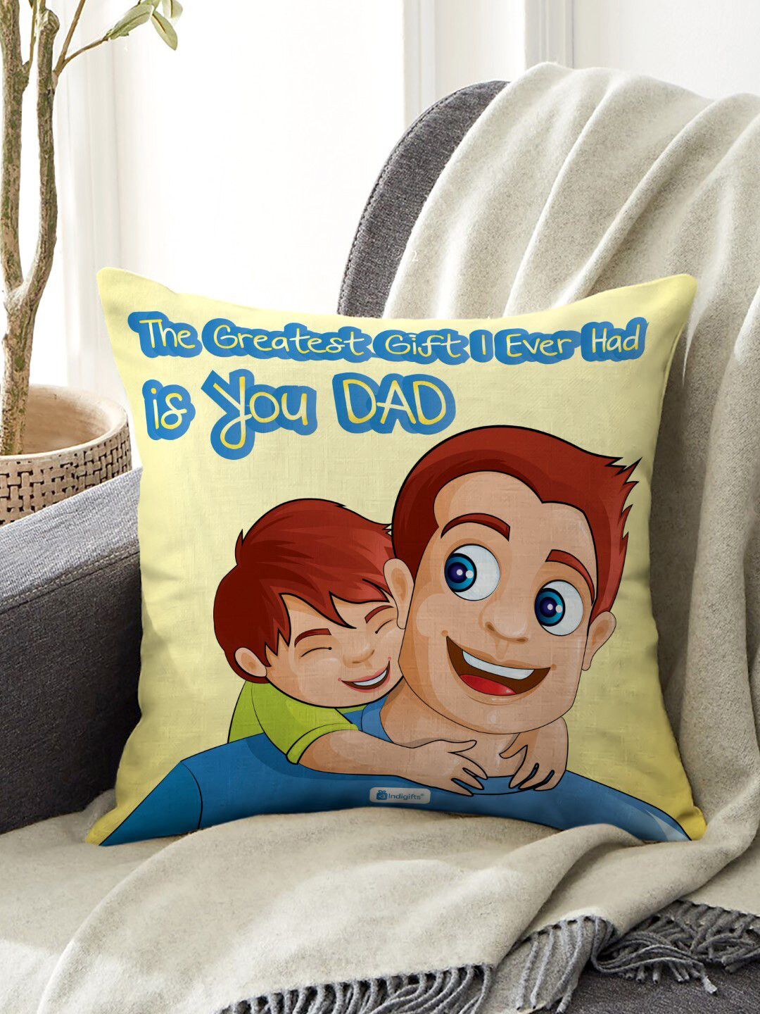 Indigifts Yellow & Blue Quote Printed Pre-Filled Cushion