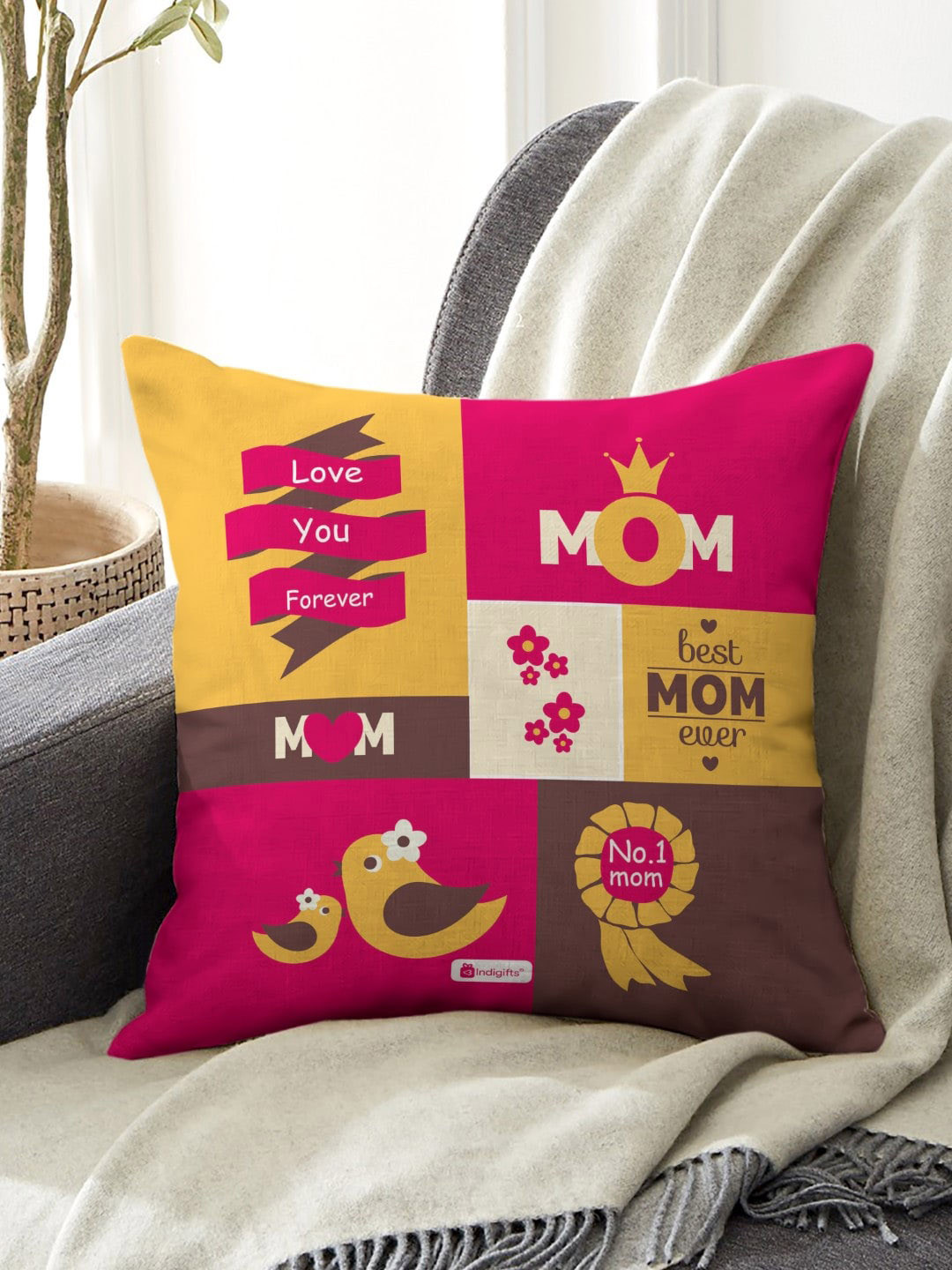 Indigifts Mom Love You Forever Printed Pre-Filled Cushion