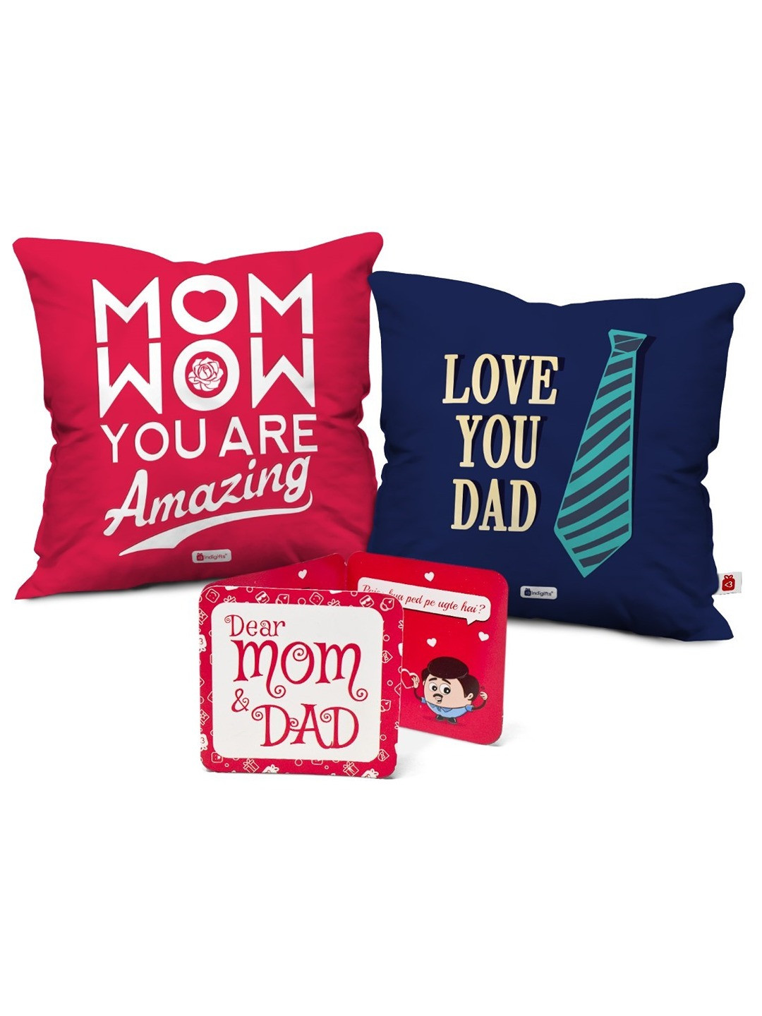 Indigifts Blue & Red 2 Pcs Mom You Are Amazing & Love You Dad Printed Pre-Filled Cushions