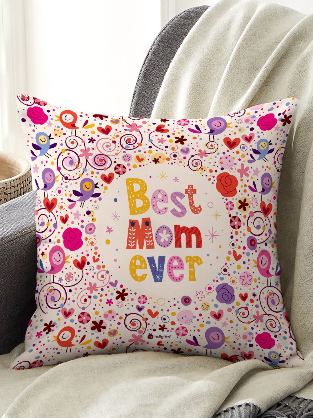 Indigifts Best Mom Ever Floral Printed Cushion