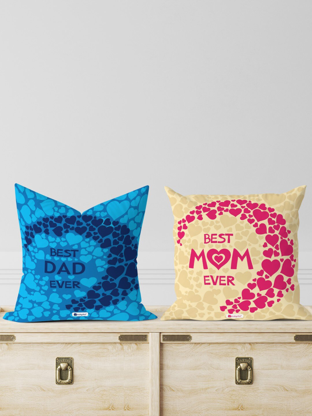 Indigifts Beige & Blue 2 Pieces Best Mom and Dad Printed Pre-Filled Cushion