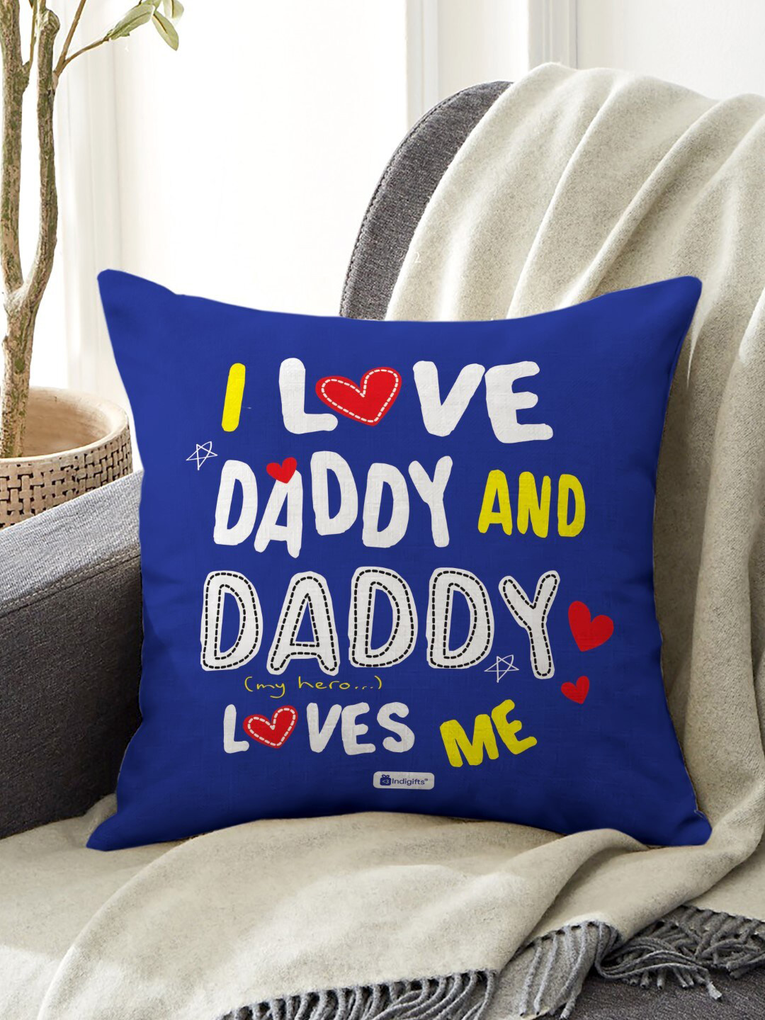 Indigifts Blue & White I Love Daddy Printed Pre-Filled Cushion
