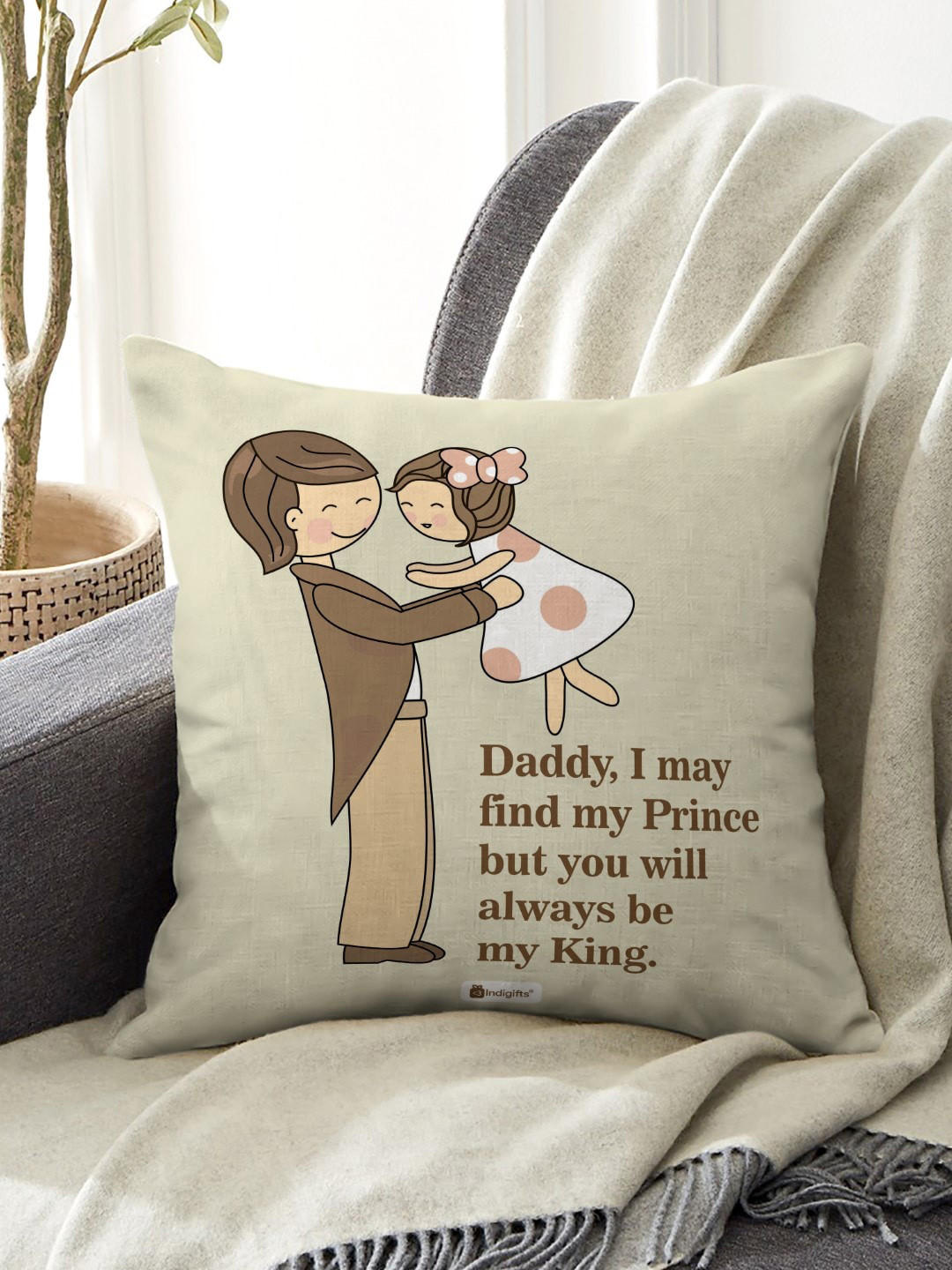 Indigifts Off White & Green Daddy Always Be My King Printed Cushion