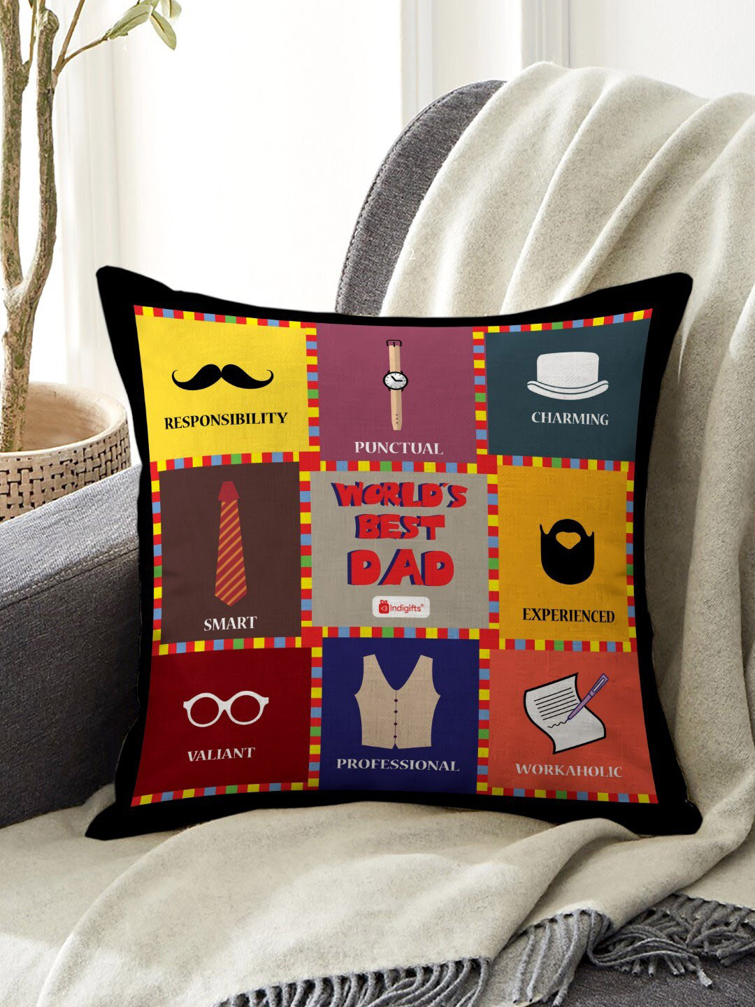 Indigifts Red & Mustard World's Best Dad Printed Cushion