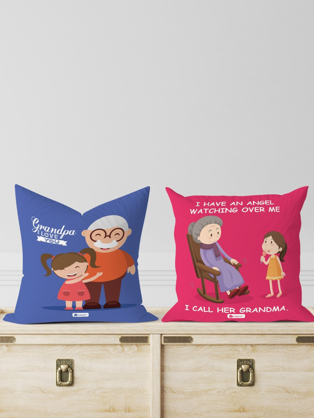 Indigifts Red & Blue 2 Pieces I Love You Printed Pre-Filled Cushions