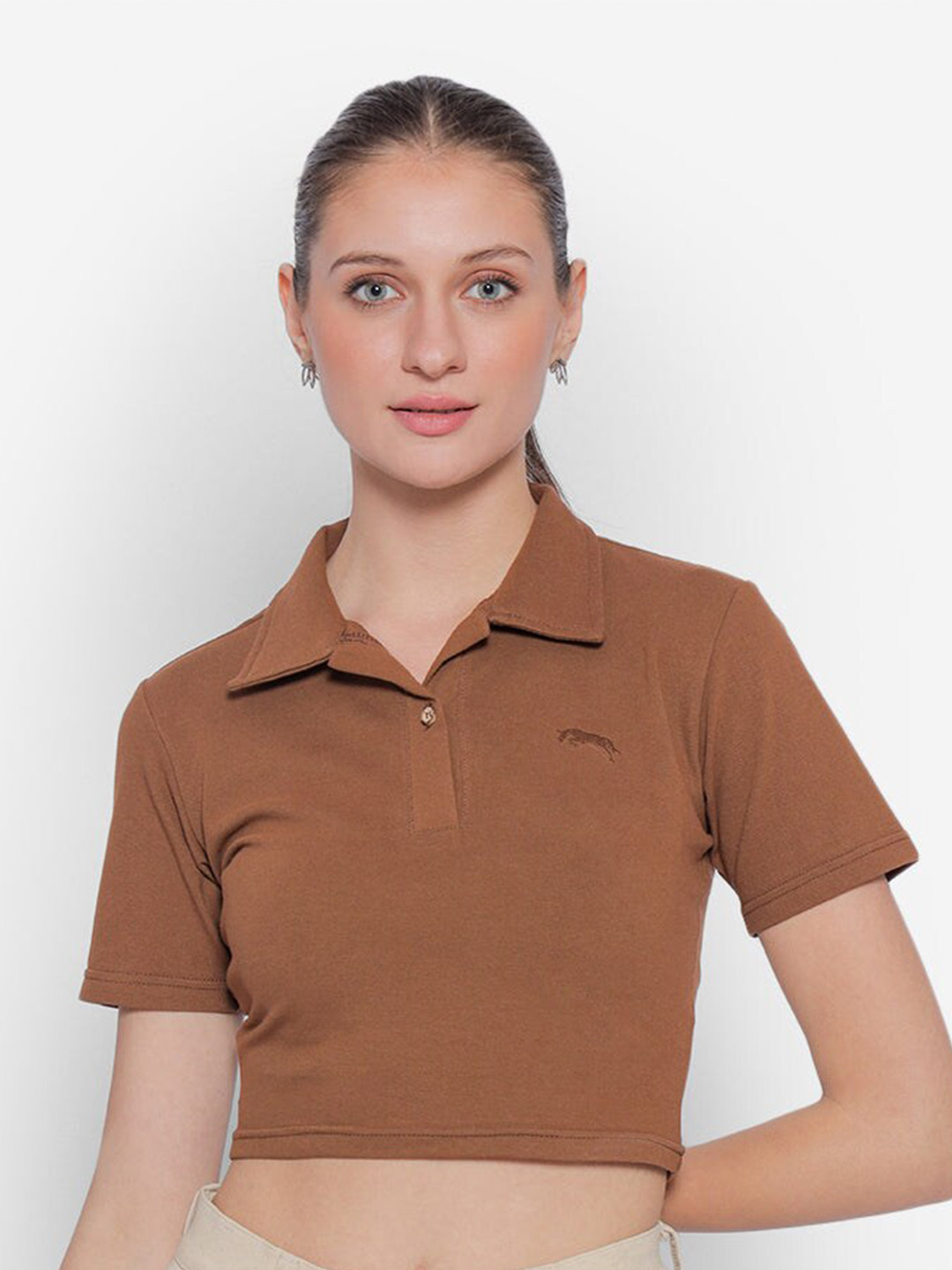 JUMP USA Polo Collar Shirt Style Cotton Crop Top