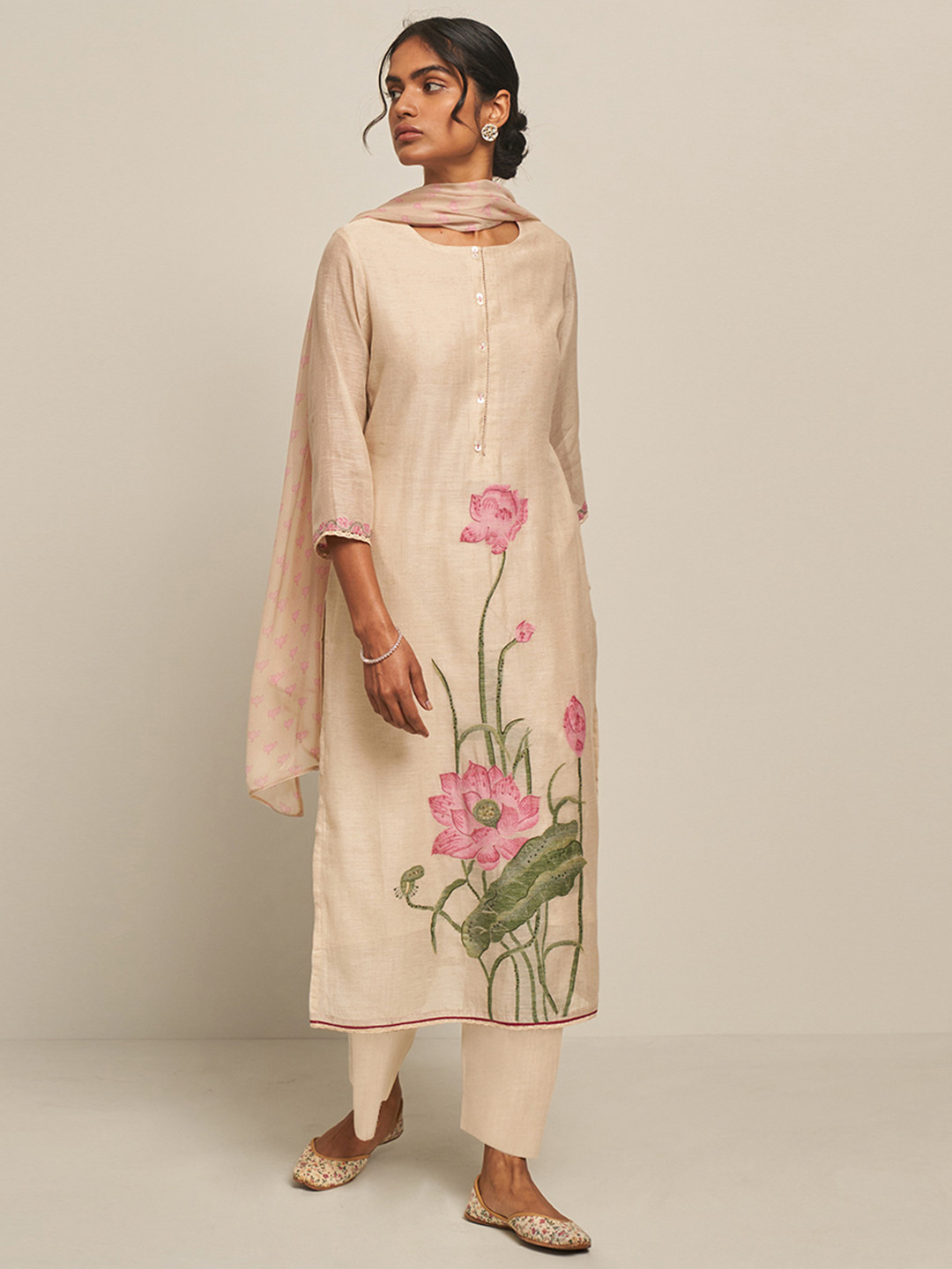 Ganga Floral Printed Linen Kurta with Palazzos & Dupatta