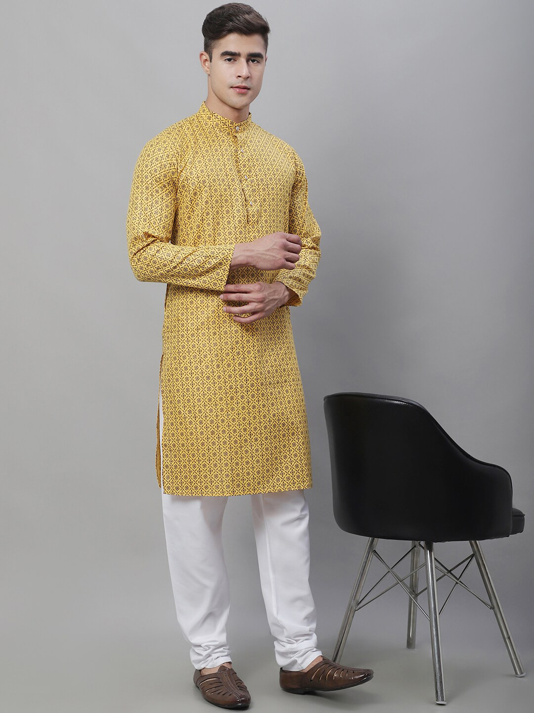 SOJANYA Ethnic Motifs Foil Printed Cotton Linen Kurta With Churidar