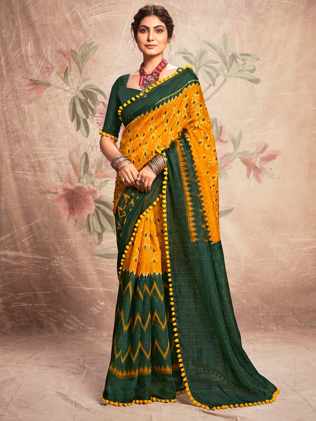 Anouk Yellow & Green Embellished Ethnic Motifs Block Print Saree