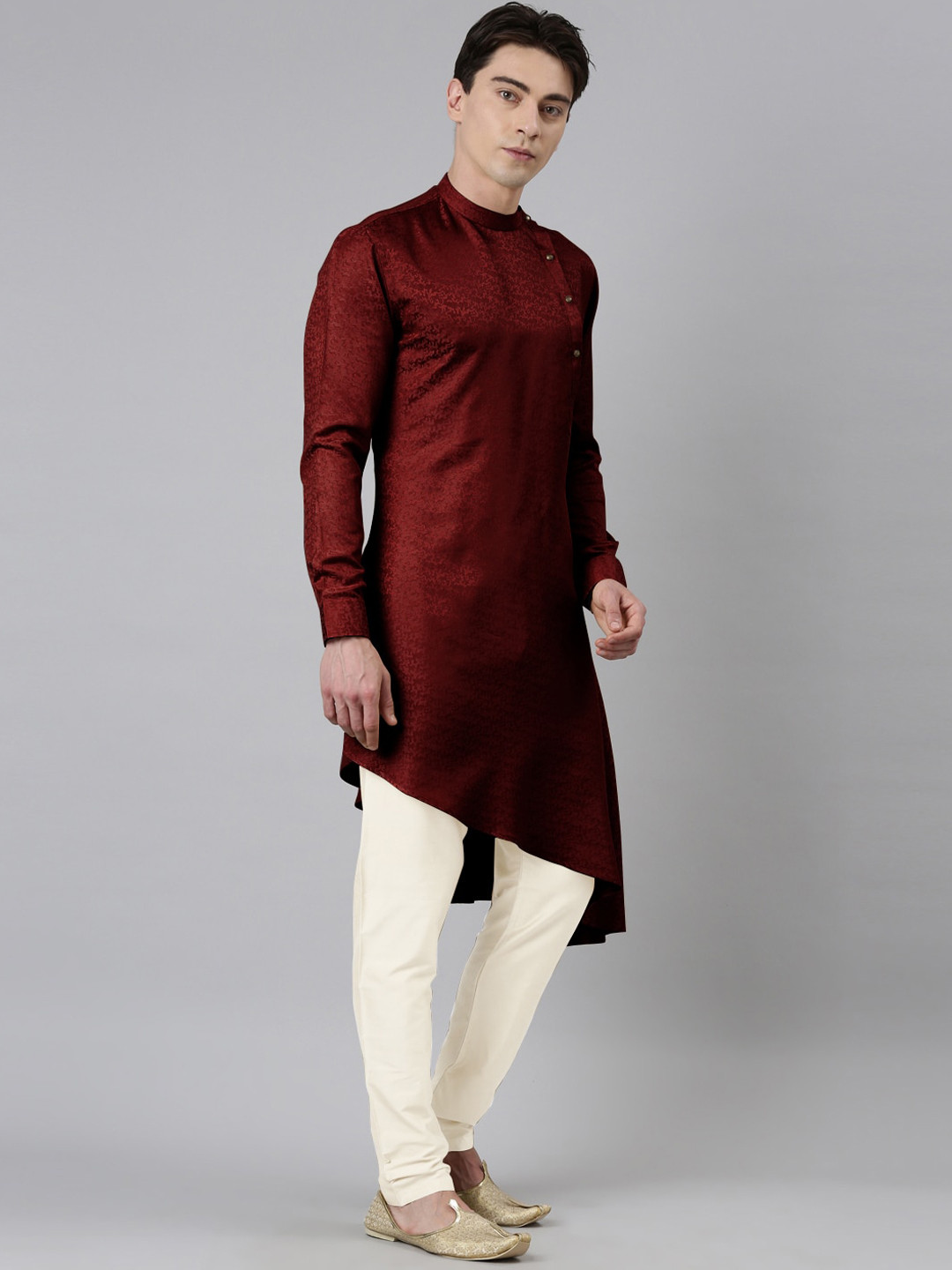 TheEthnic.Co Band Collar Woven Design Pure Cotton Kurta with Churidar