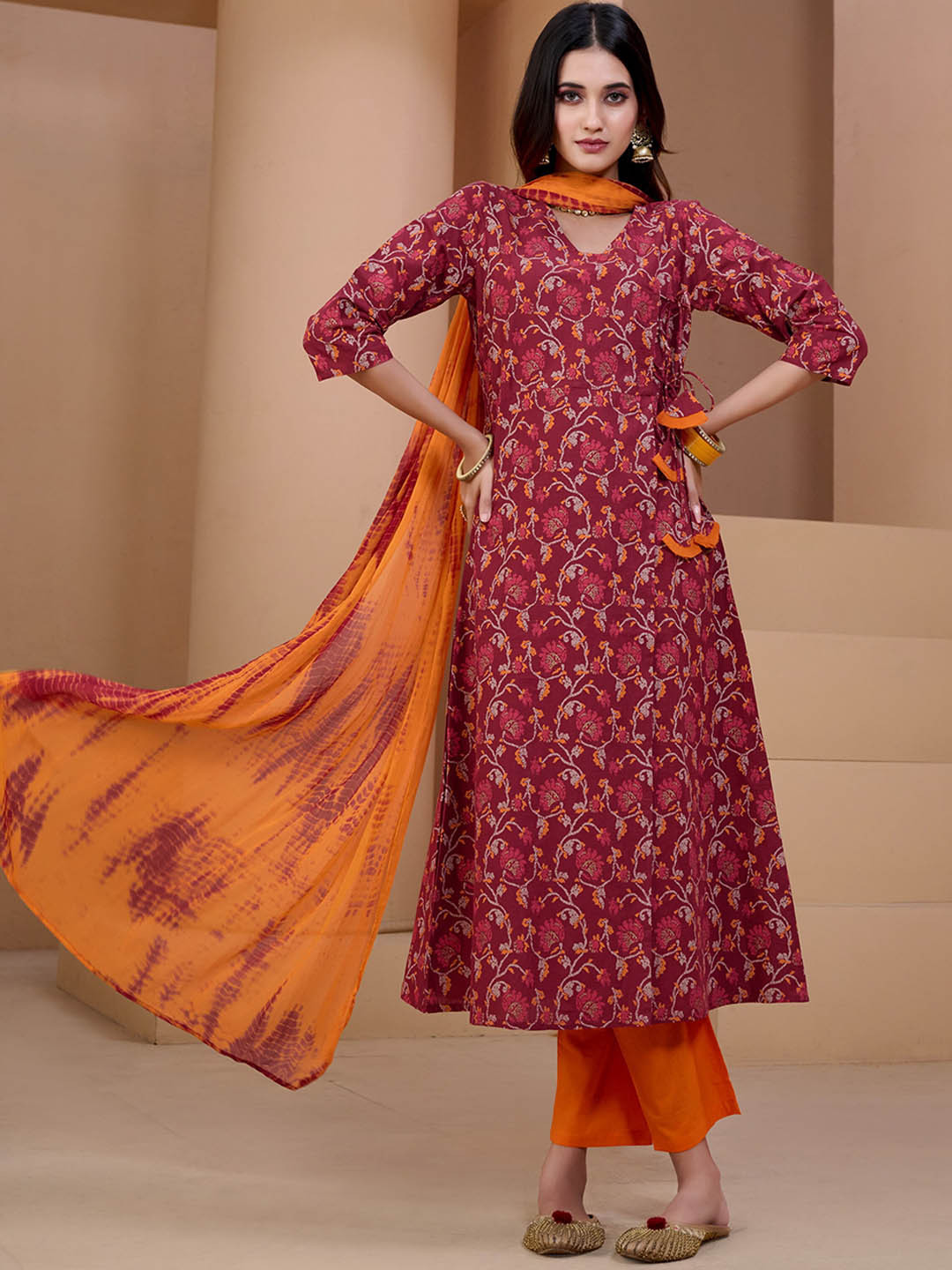 Sangria Maroon & Orange Printed V Neck Pure Cotton Angrakha Kurta With Trousers & Dupatta