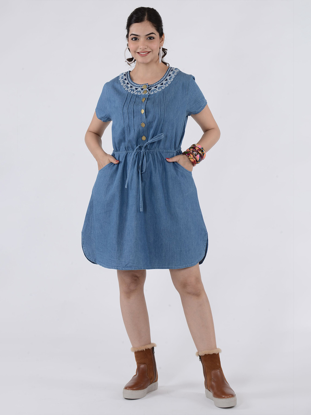 SUMAVI-FASHION Embroidered Tie-Up Neck Curved Denim A-Line Dress