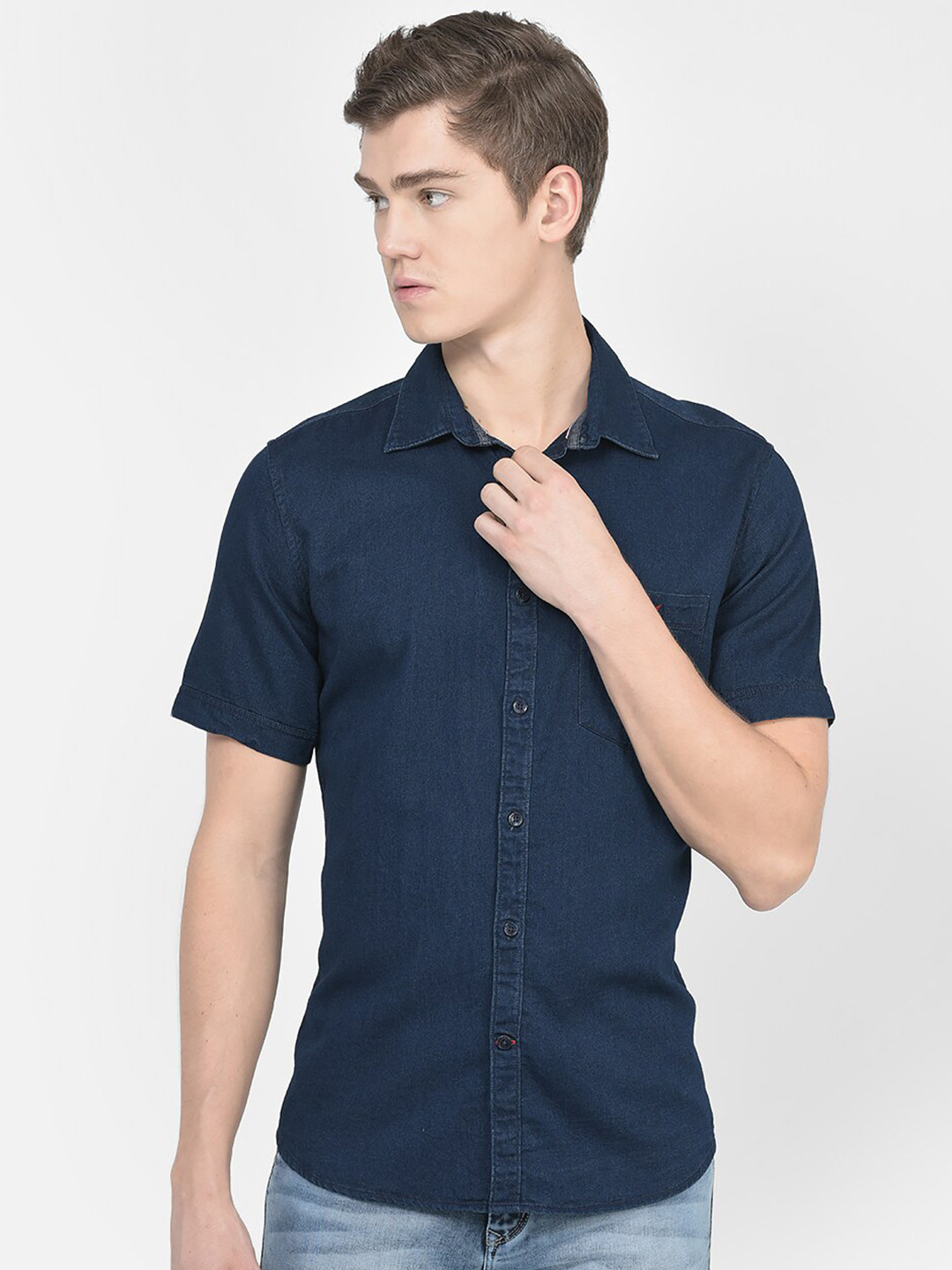 Crimsoune Club Spread Collar Slim Fit Pure Cotton Denim Shirt