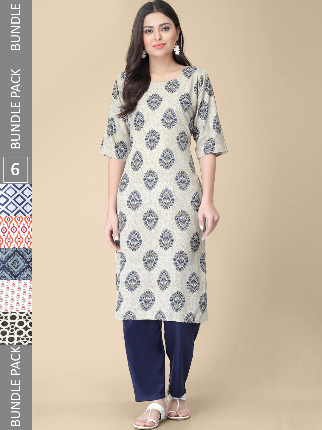 7Threads Pack of 5 Printed Round Neck Crepe Straight Kurtas