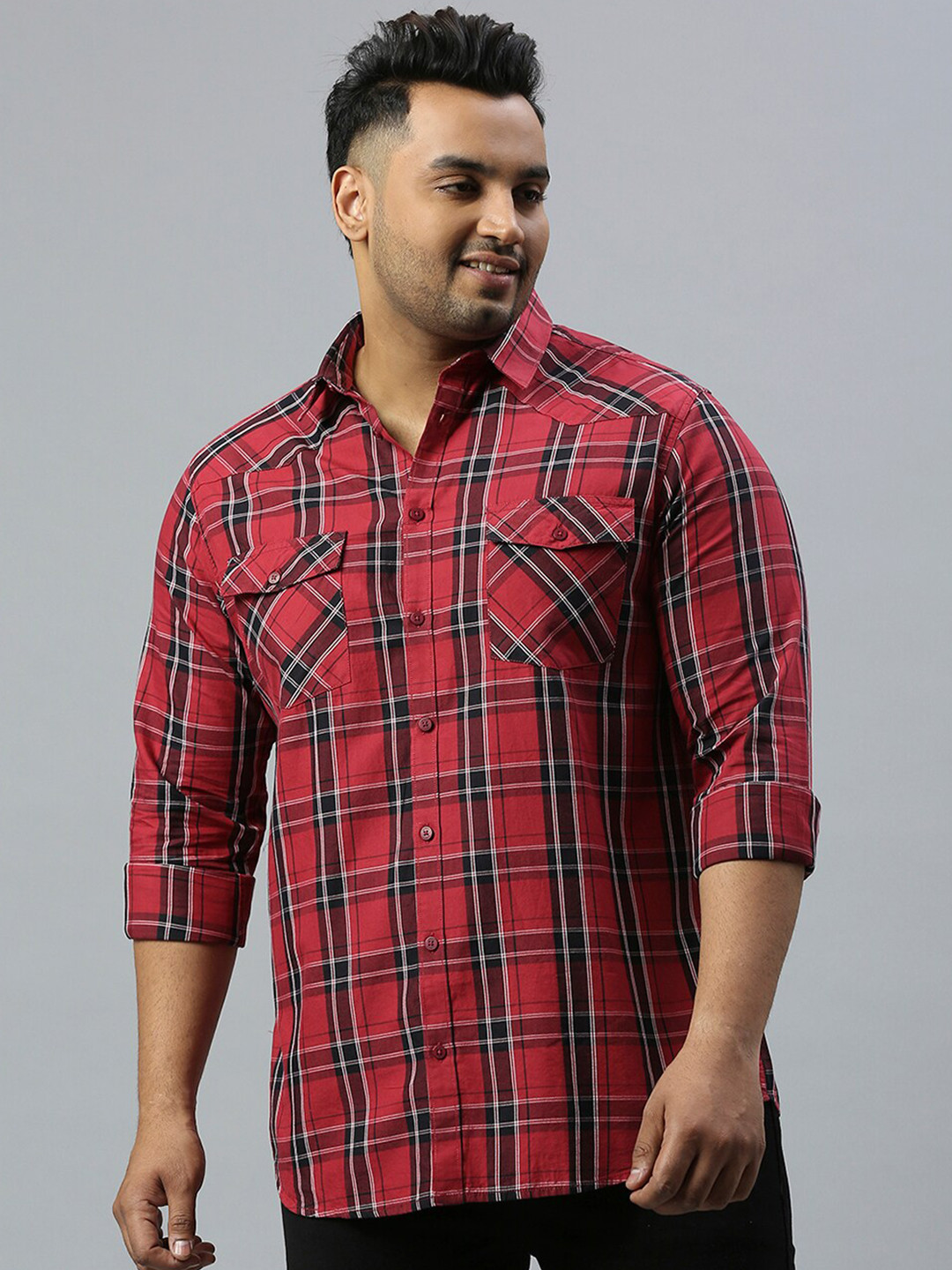 Sztori Plus Size Classic Windowpane Checked Pure Cotton Casual Shirt