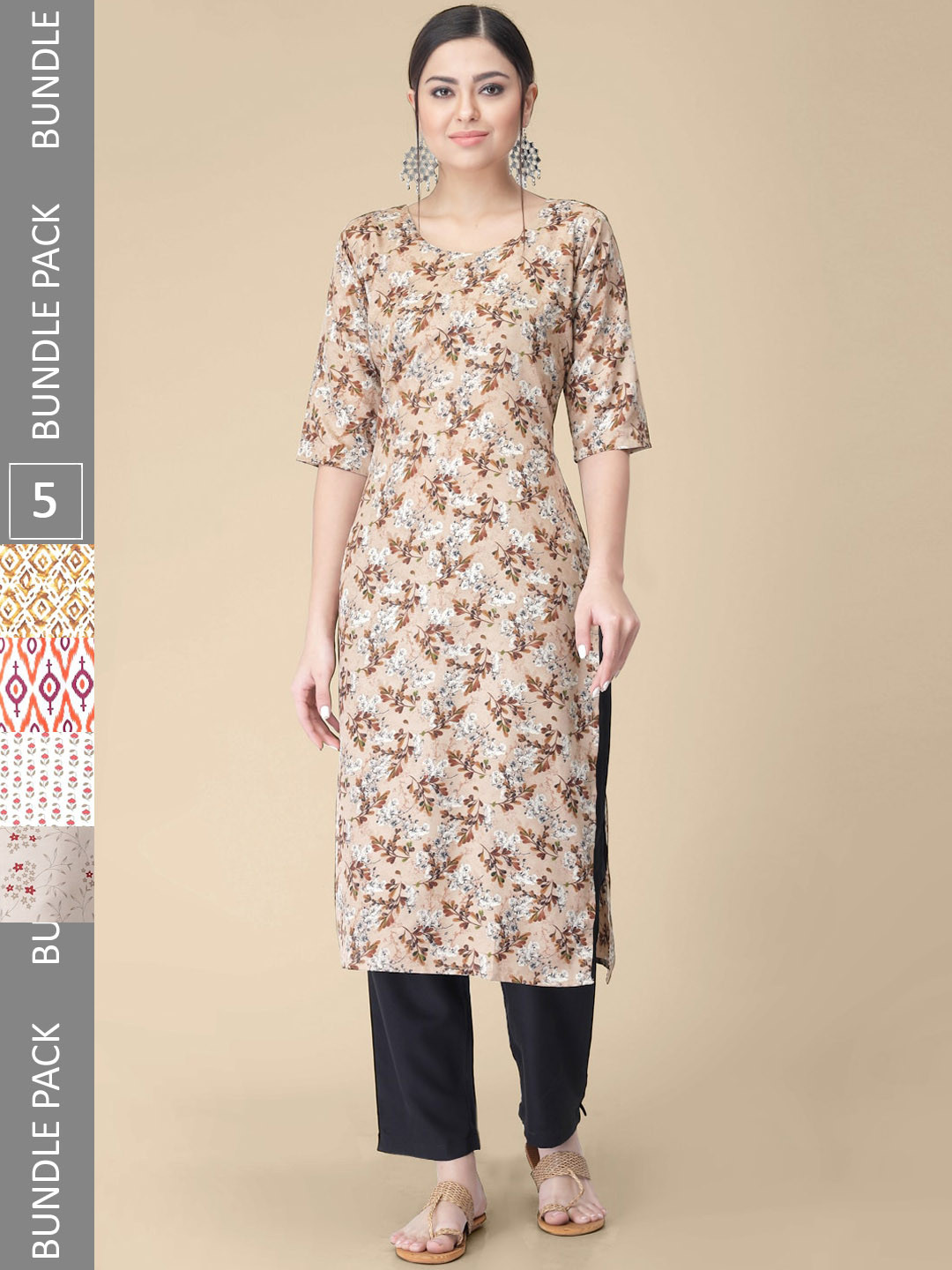 7Threads Pack of 5 Printed Round Neck Crepe Straight Kurtas