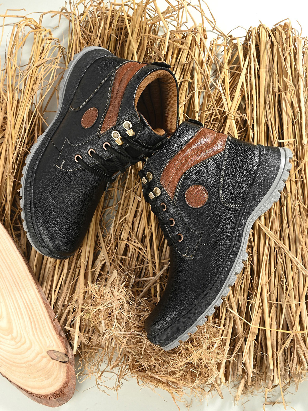 The Roadster Lifestyle Co. Men Black And Brown Textured Biker Boots