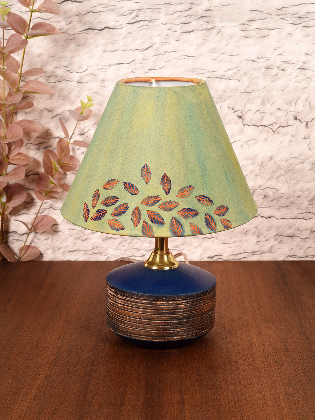 AAKRITI ART CREATIONS Ocean Mist Green & Blue Leaf Printed Terracotta Table Lamp & Shade