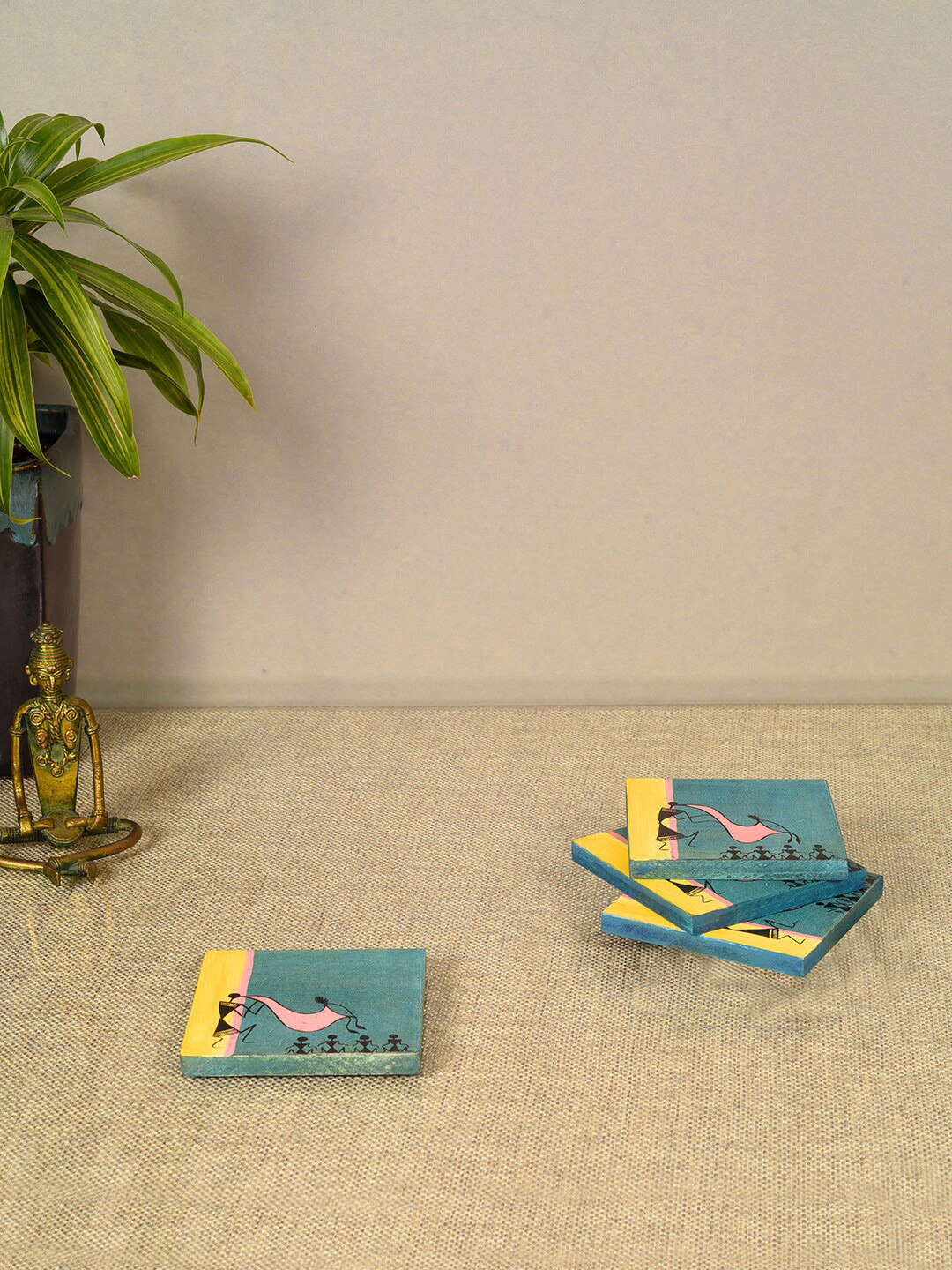 AAKRITI ART CREATIONSBlue & Yellow 4 Pieces Warli Symphony Printed Wooden Coasters