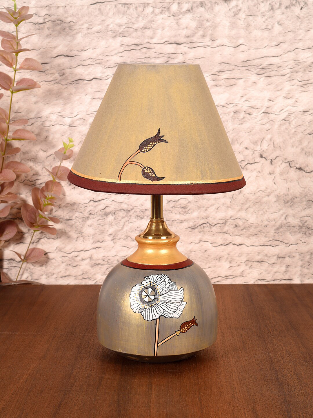AAKRITI ART CREATIONS Beige Silver Luster Printed Terracotta Table Lamp