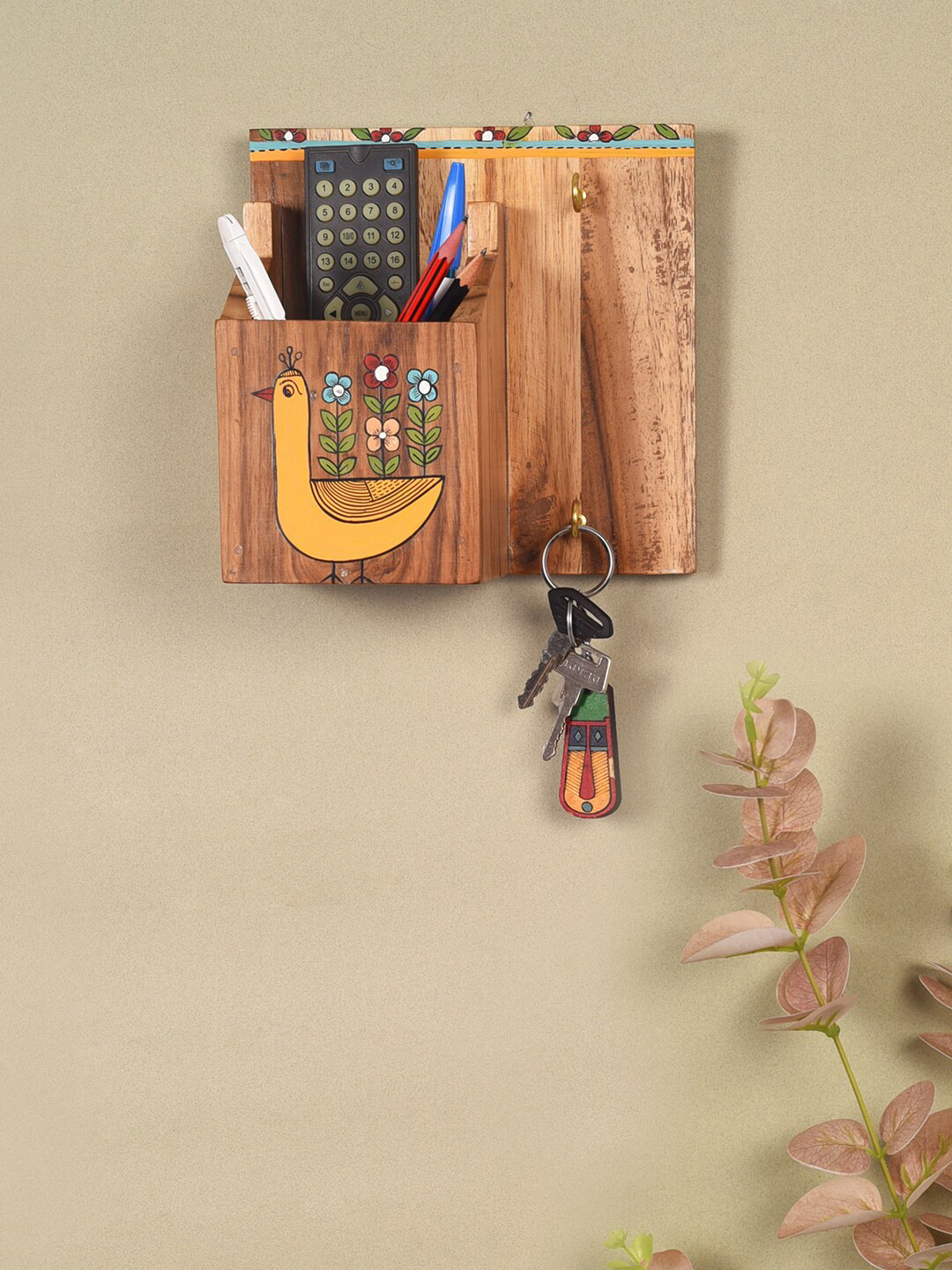 AAKRITI ART CREATIONS Birds Of Paradise Brown Wooden Pen Stand