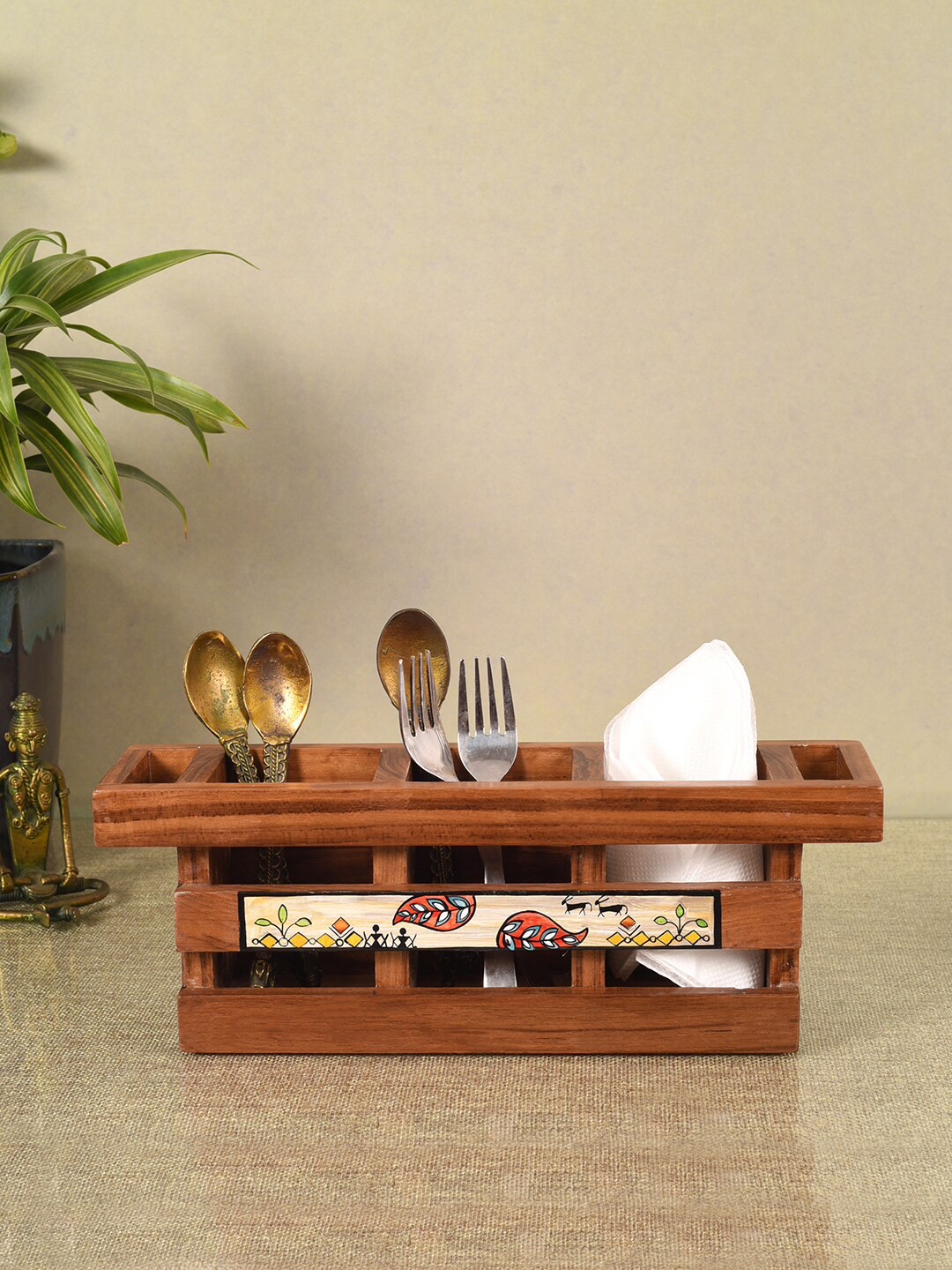 AAKRITI ART CREATIONS  Flora Brown Cutlery Storage Box Cutlery