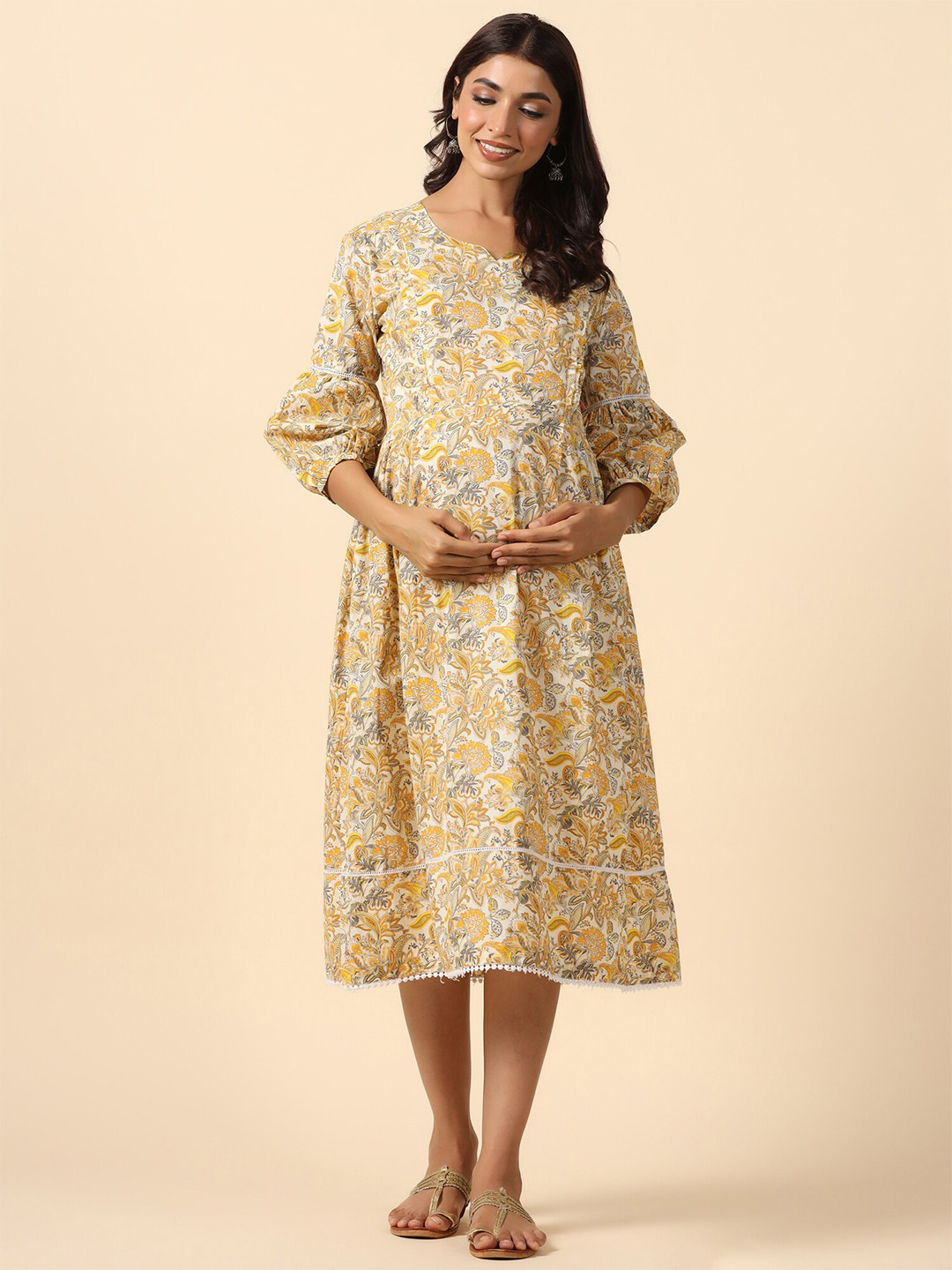 Ikk Kudi by Seerat Floral Print Puff Sleeve Fit & Flare Midi Maternity & Nursing Dress