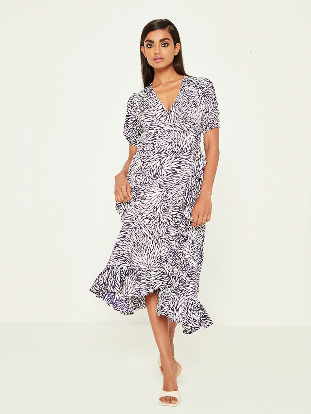Ancestry Navy Blue Floral Print Satin Midi Dress