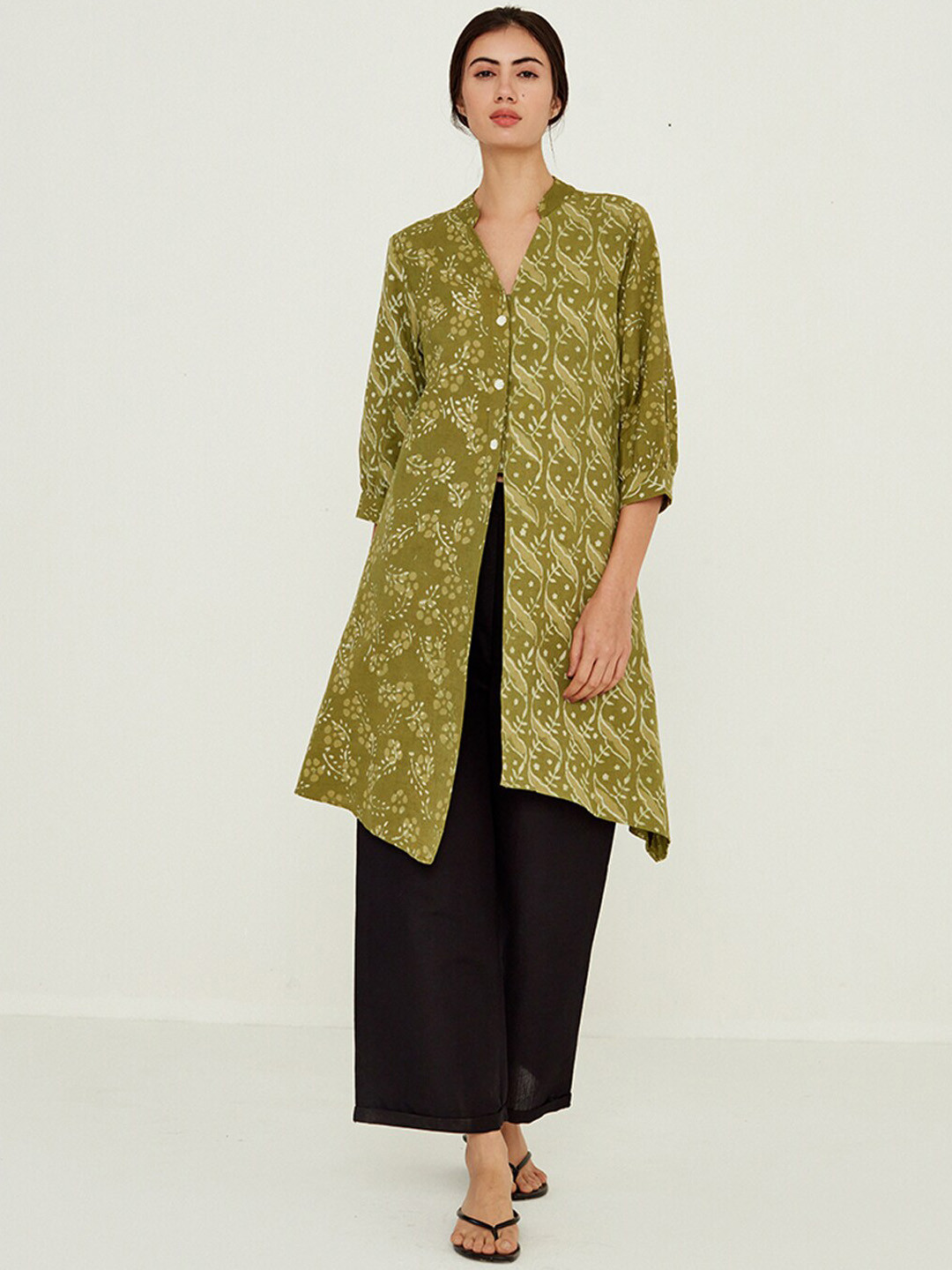 Ancestry Ethnic Motifs Printed Mandarin Collar Asymmetrical Organic Cotton Kurta