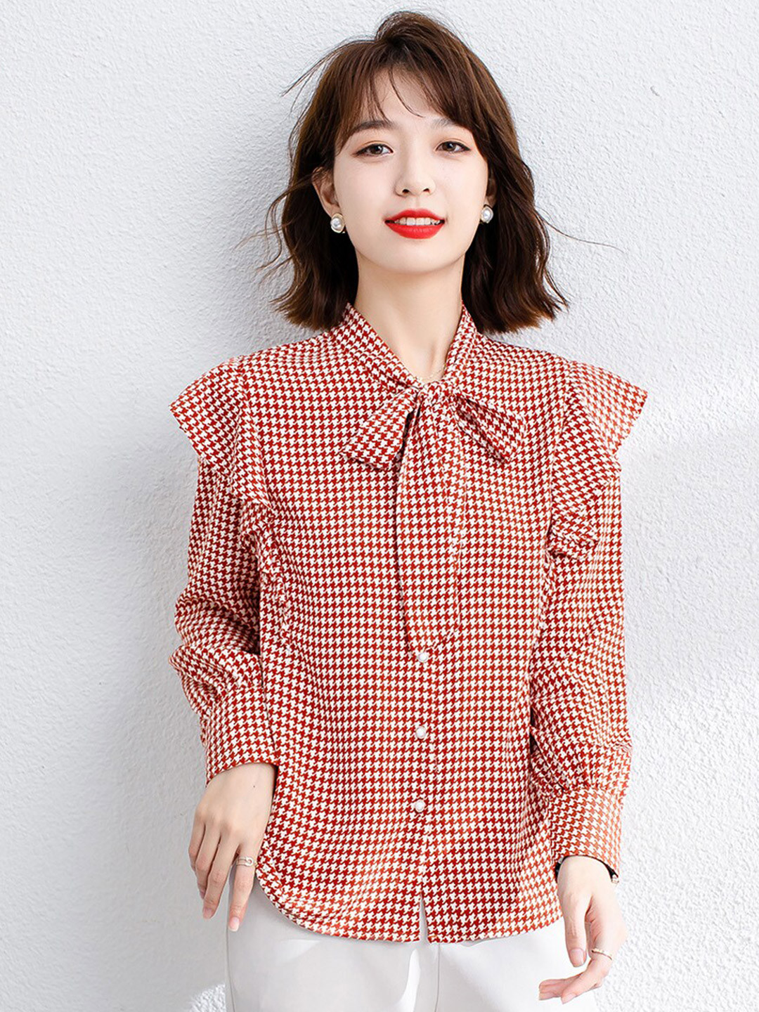 JC Collection Checked Tie-Up Neck Ruffled Long Sleeve Casual Shirt