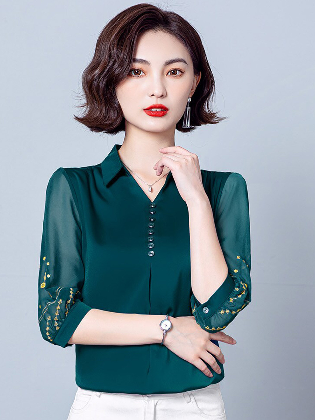 JC Collection Three-Quarter Cuffed Sleeves Shirt Style Top