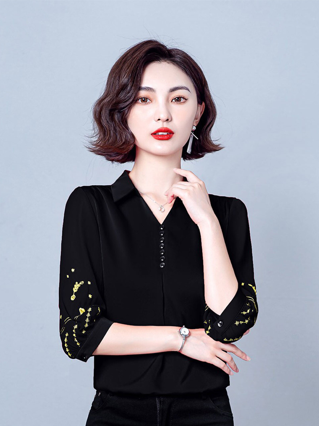 JC Collection Band Collar Embroidered Puff Sleeves Top