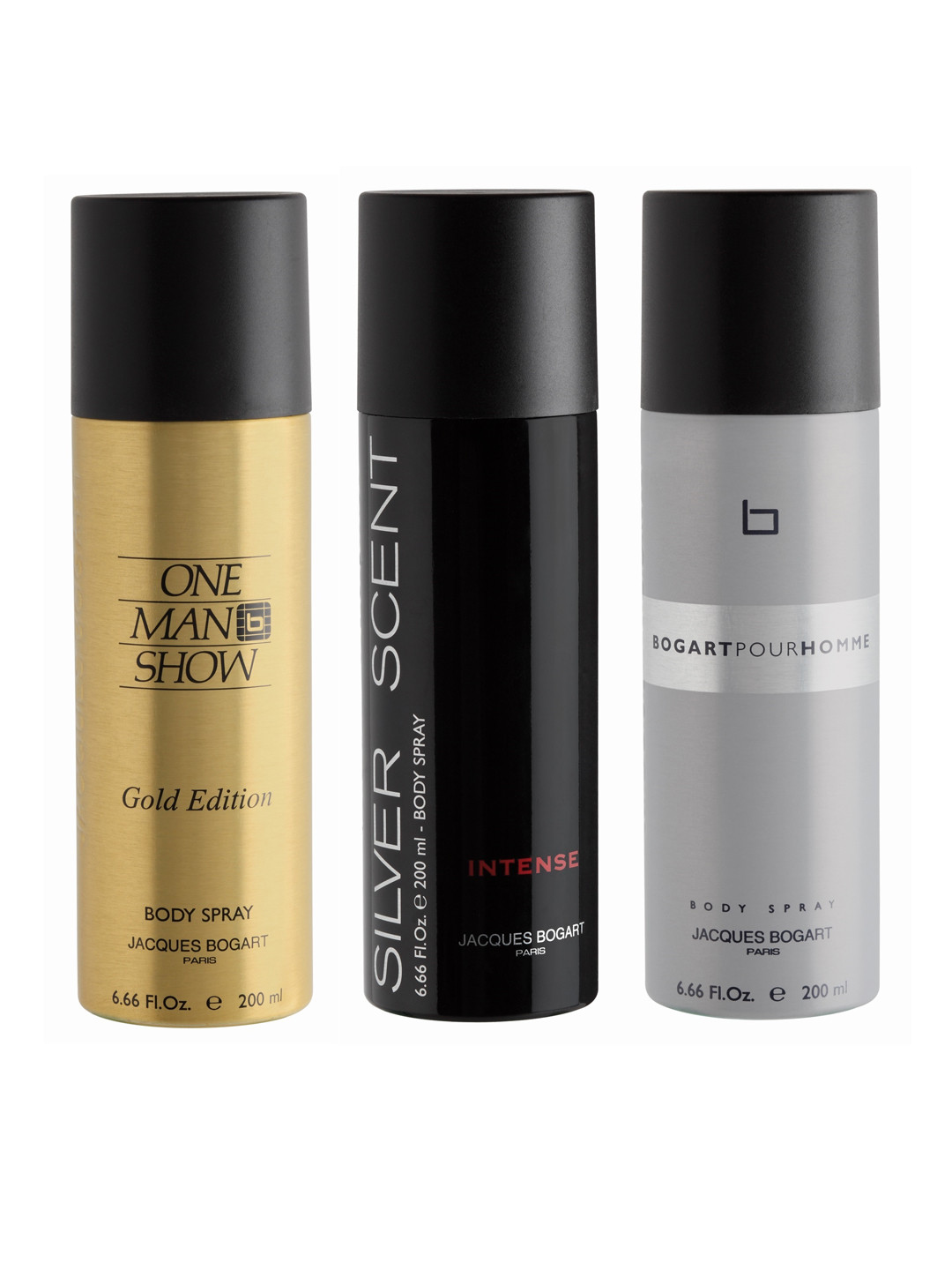 JACQUES BOGART One man show Gold + Silver Scent Intense + Pour Homme Body Sprays