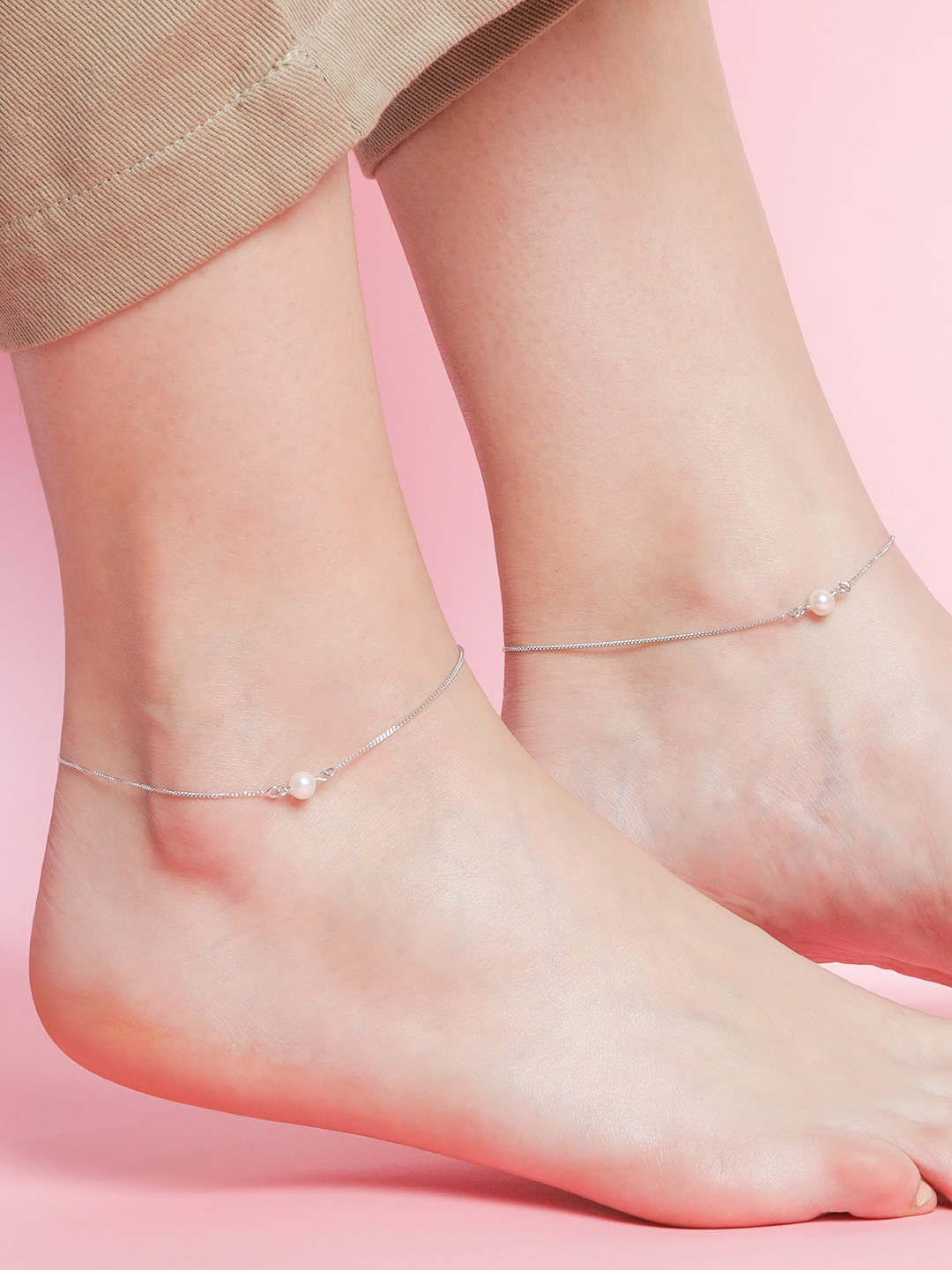 Zavya Pair Of Rhodium-Plated Pearls Sterling Silver Anklets