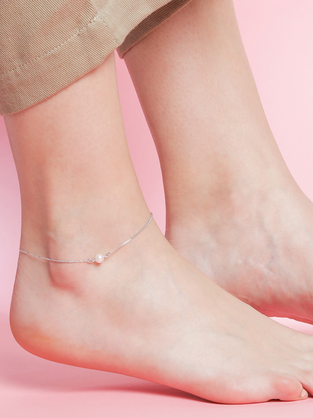 Zavya Women Rhodium-Plated Pearl Studded Sterling Silver Anklet