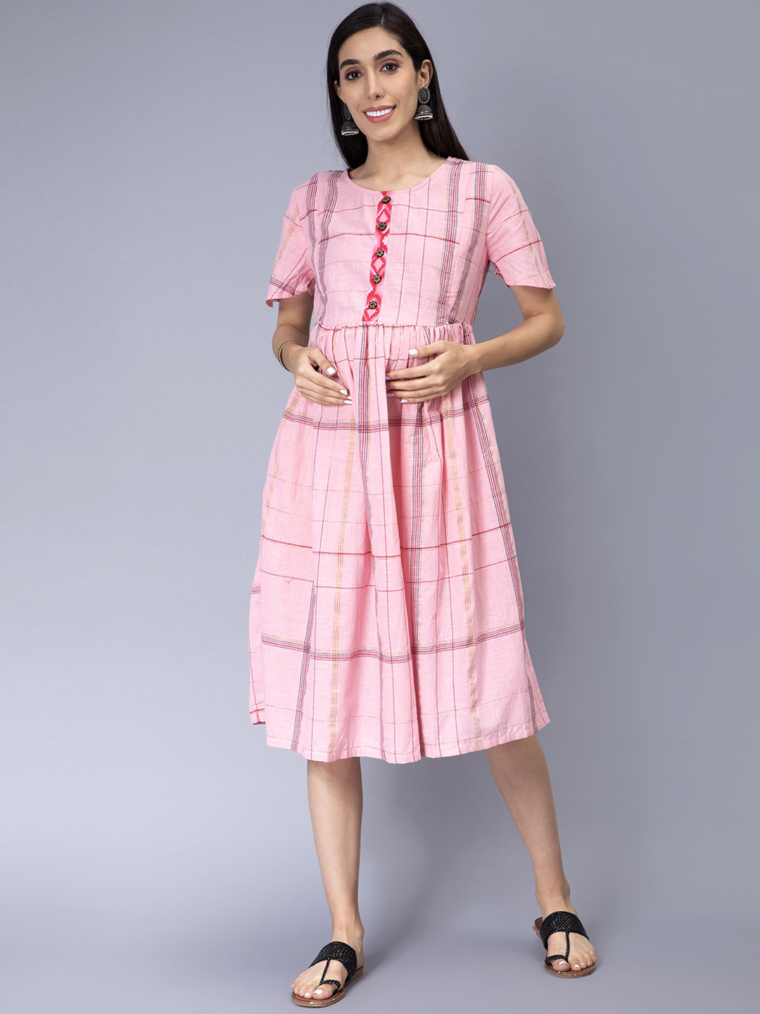 Cot'N Soft Checked Round Neck Pure Cotton Fit & Flare Maternity Dress