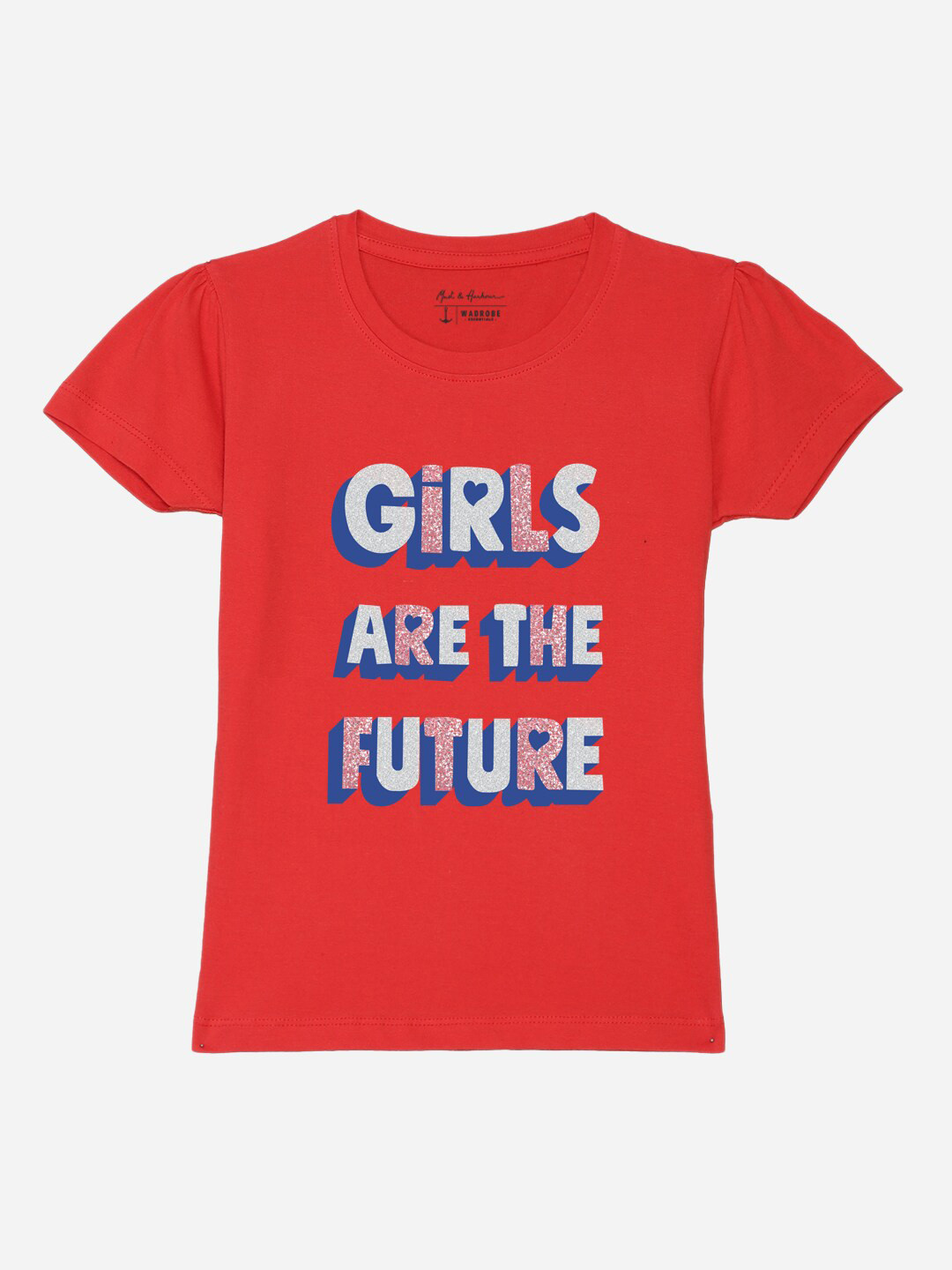 M&H Juniors Girls Red Typography Printed Puffed Sleeves Cotton T-Shirt