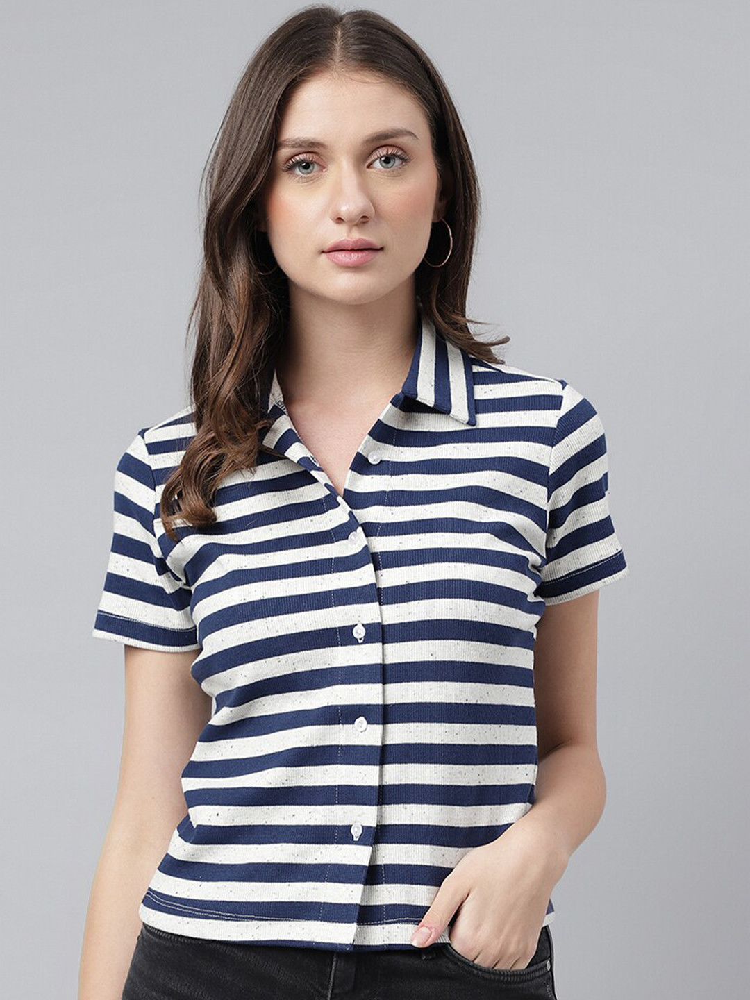 Xpose Horizontal Striped Spread Collar Comfort Casual Shirt