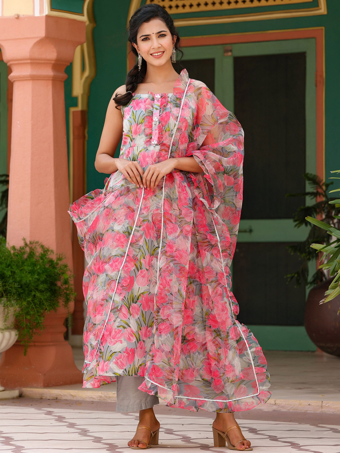 GILLORI Floral Printed Beads and Stones Work A-Line Kurta With Palazzos