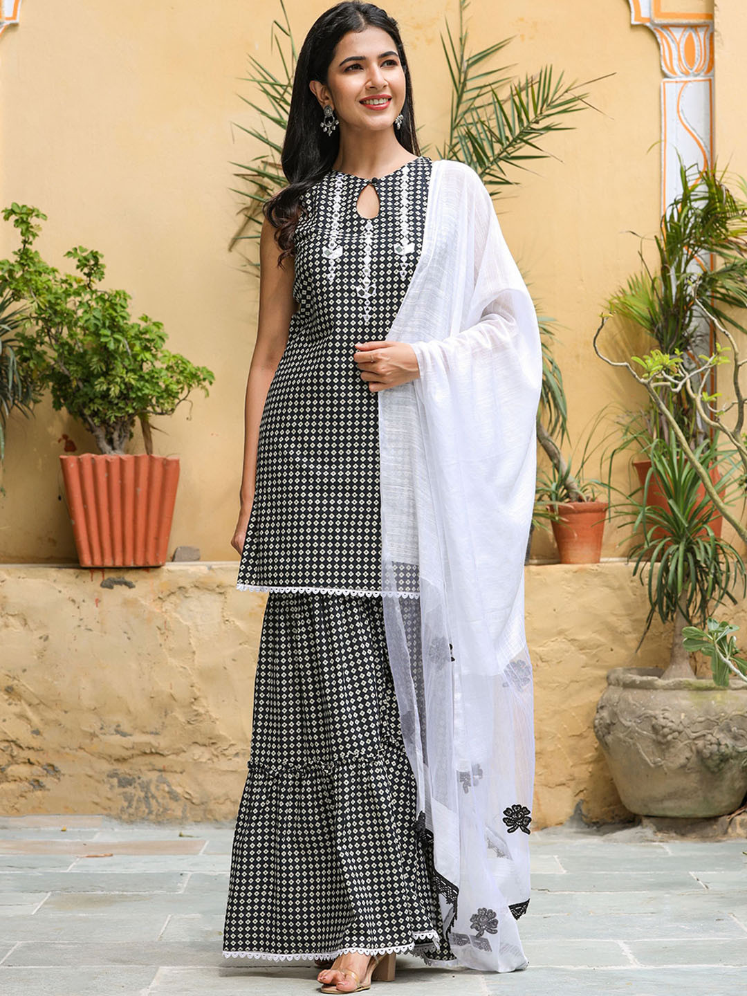 GILLORI Floral Printed Mirror Work Kurti with Sharara & Dupatta