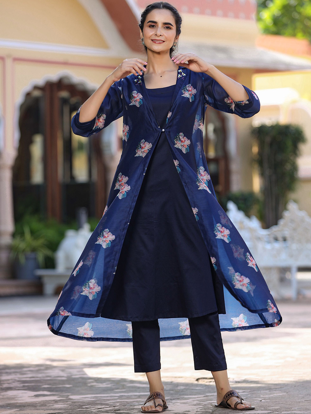 GILLORI A-Line Chanderi Cotton Kurta with Trousers & Jacket