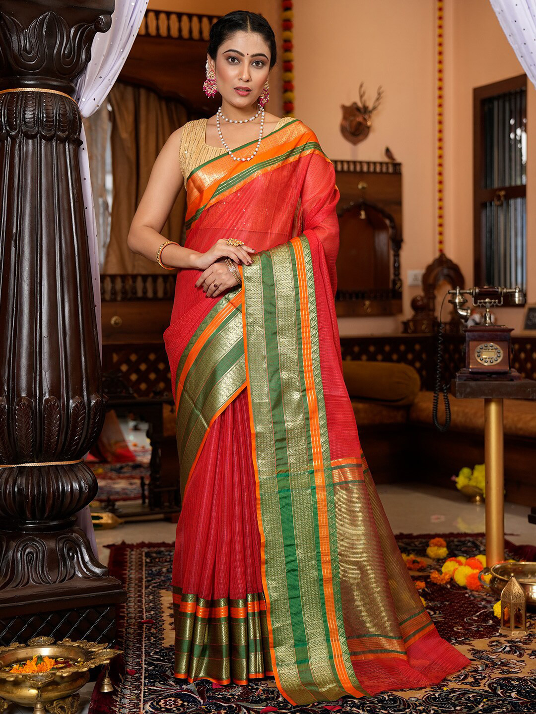 KARAGIRI Silk Blend Kota Zari Saree With Blouse Piece