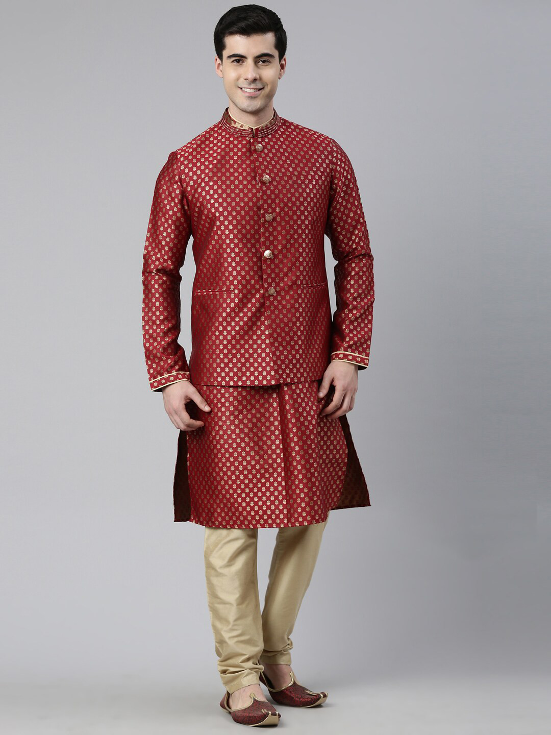 TheEthnic.Co Ethnic Motif Woven Design Mandarin Collar Kurta with Pyjamas & Jacket