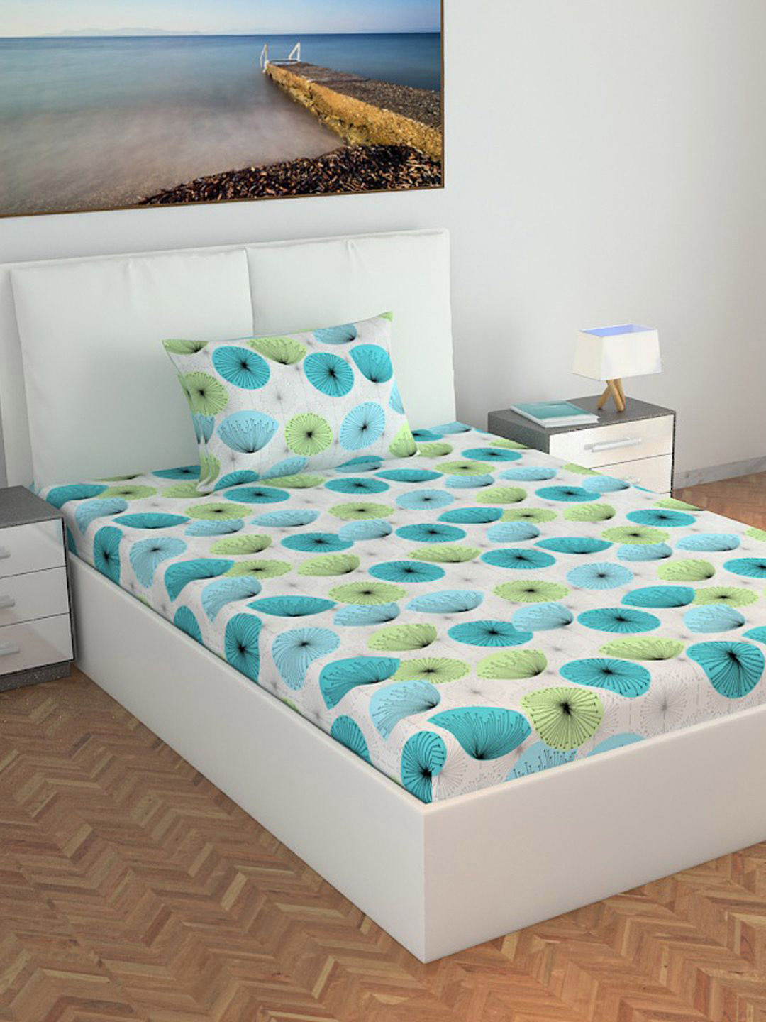 Divine Casa Prism Turquoise Blue Floral Pure Cotton 144 TC Single Bedsheet with a Pillow Cover-57 x 88 inches